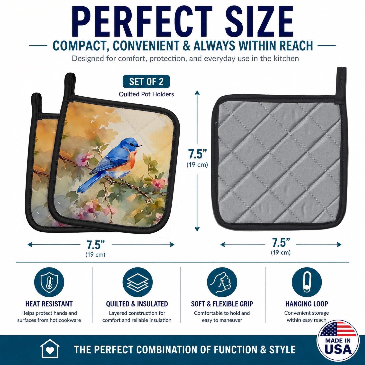 Eastern Bluebird with Blossoms Spring Pot Holder Set of 2 Heat Resistant Quilted Hot Pads 7.5 x 7.5 Inch, Insulated Kitchen Trivets for Cooking & Baking