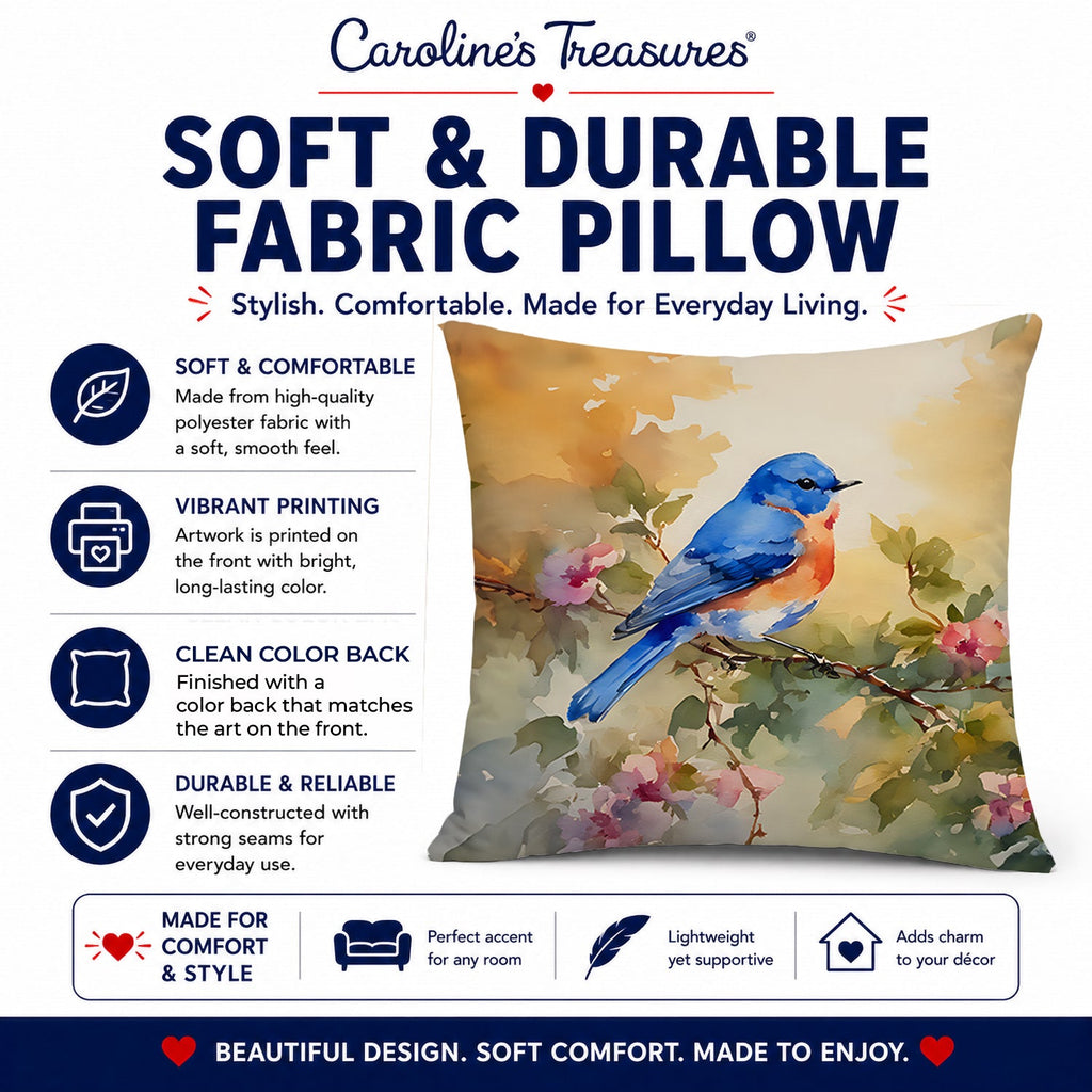 Eastern Bluebird with Blossoms Spring Decorative Throw Pillow 18x18 Indoor Outdoor Accent Cushion, Fabric Cover with Insert for Sofa, Bed, Porch & Living Room