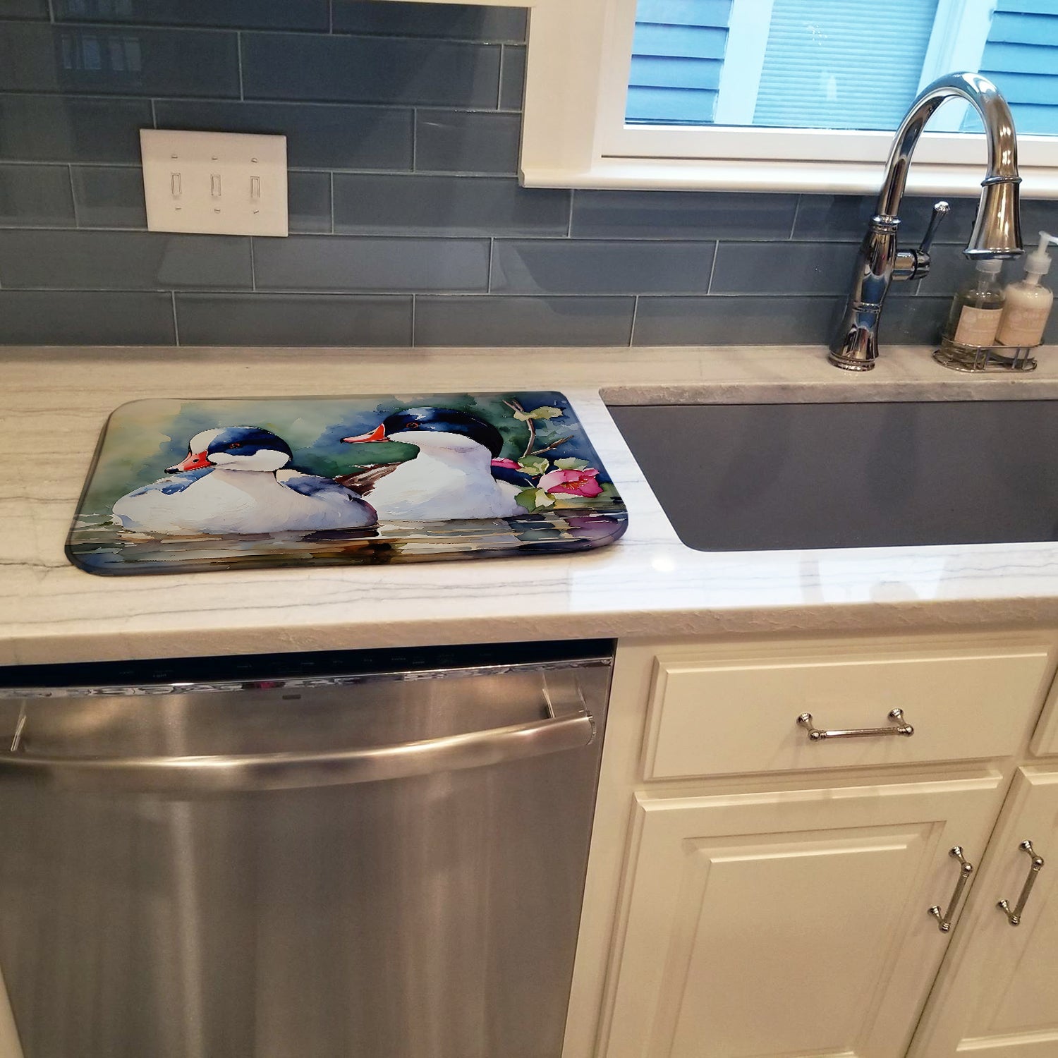 Bufflehead Hooded Merganser Pair Swimming Dish Drying Mat Absorbent Dish Drying Mat Pad for Kitchen Counter Dish Drainer Mat for Countertop, 14 x 21", Multicolor