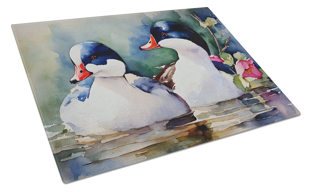 Bufflehead Hooded Merganser Pair Swimming Cutting Board Tempered Glass Kitchen Cutting Surface, Heat Resistant Chopping, Non-Slip Feet, Food Prep & Serving
