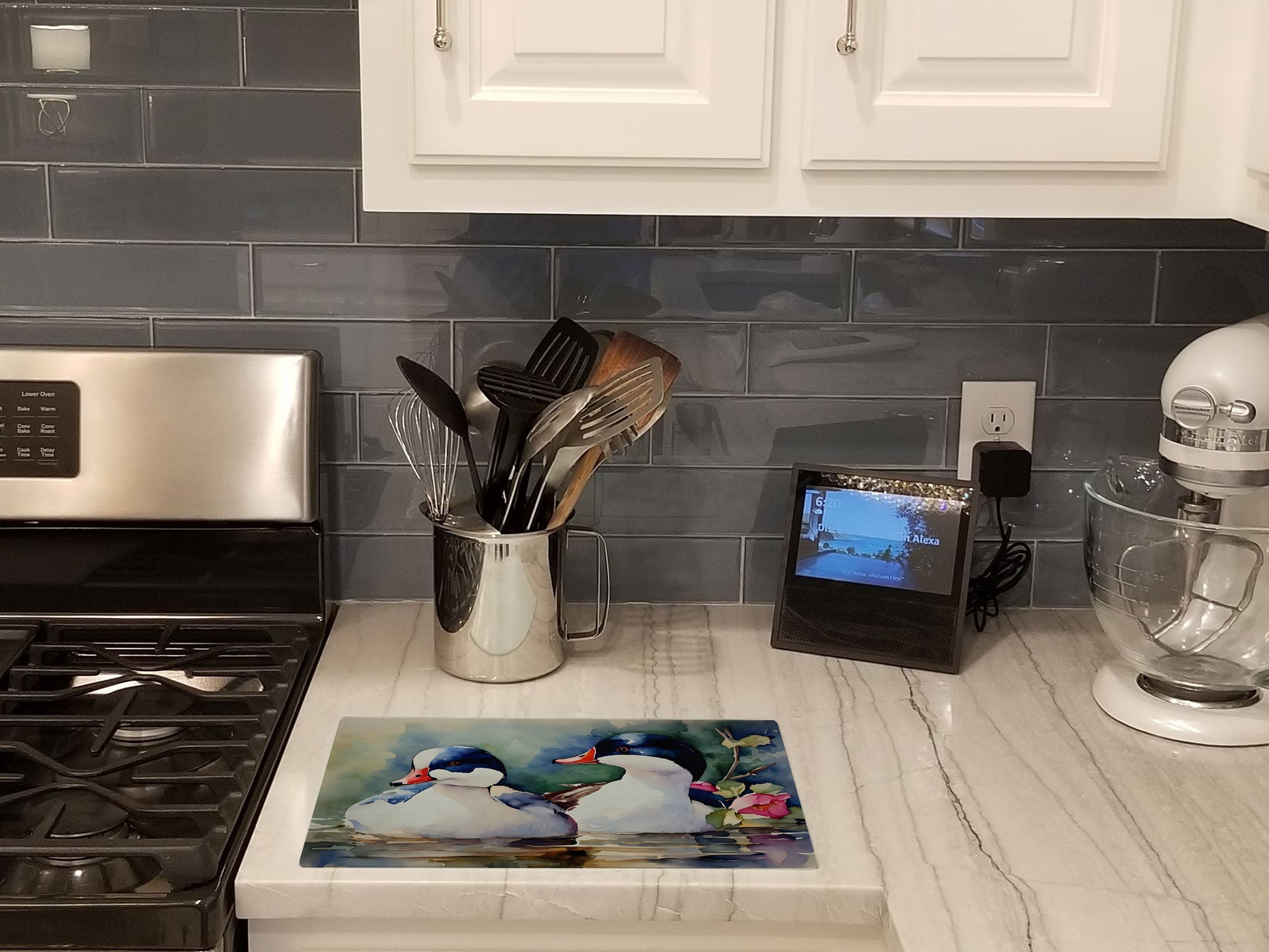 Bufflehead Hooded Merganser Pair Swimming Cutting Board Tempered Glass Kitchen Cutting Surface, Heat Resistant Chopping, Non-Slip Feet, Food Prep & Serving