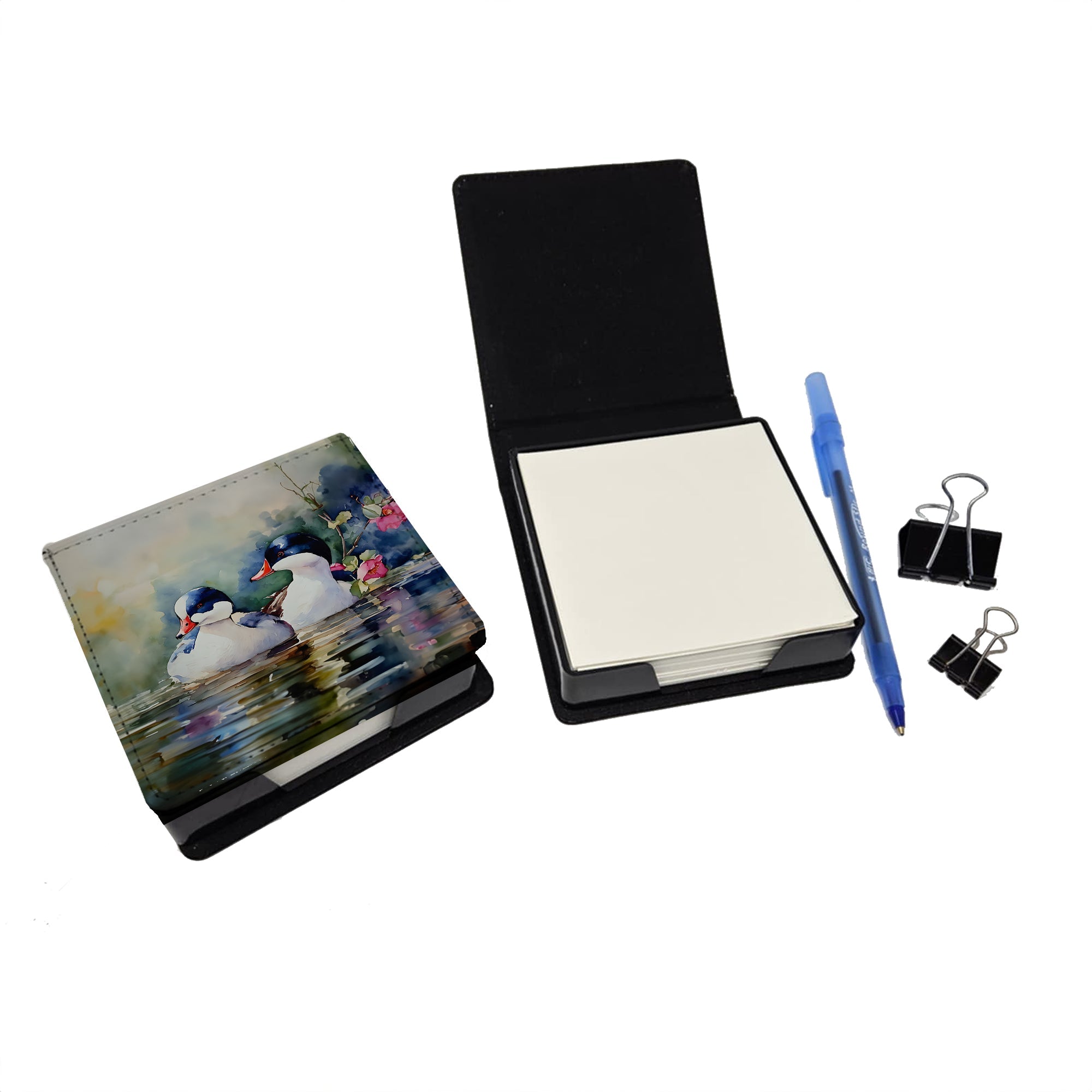 Bufflehead Hooded Merganser Pair Swimming PU Leather Note Paper Holder with Artist-Designed Cover, Desk Accessory, Office Gift
