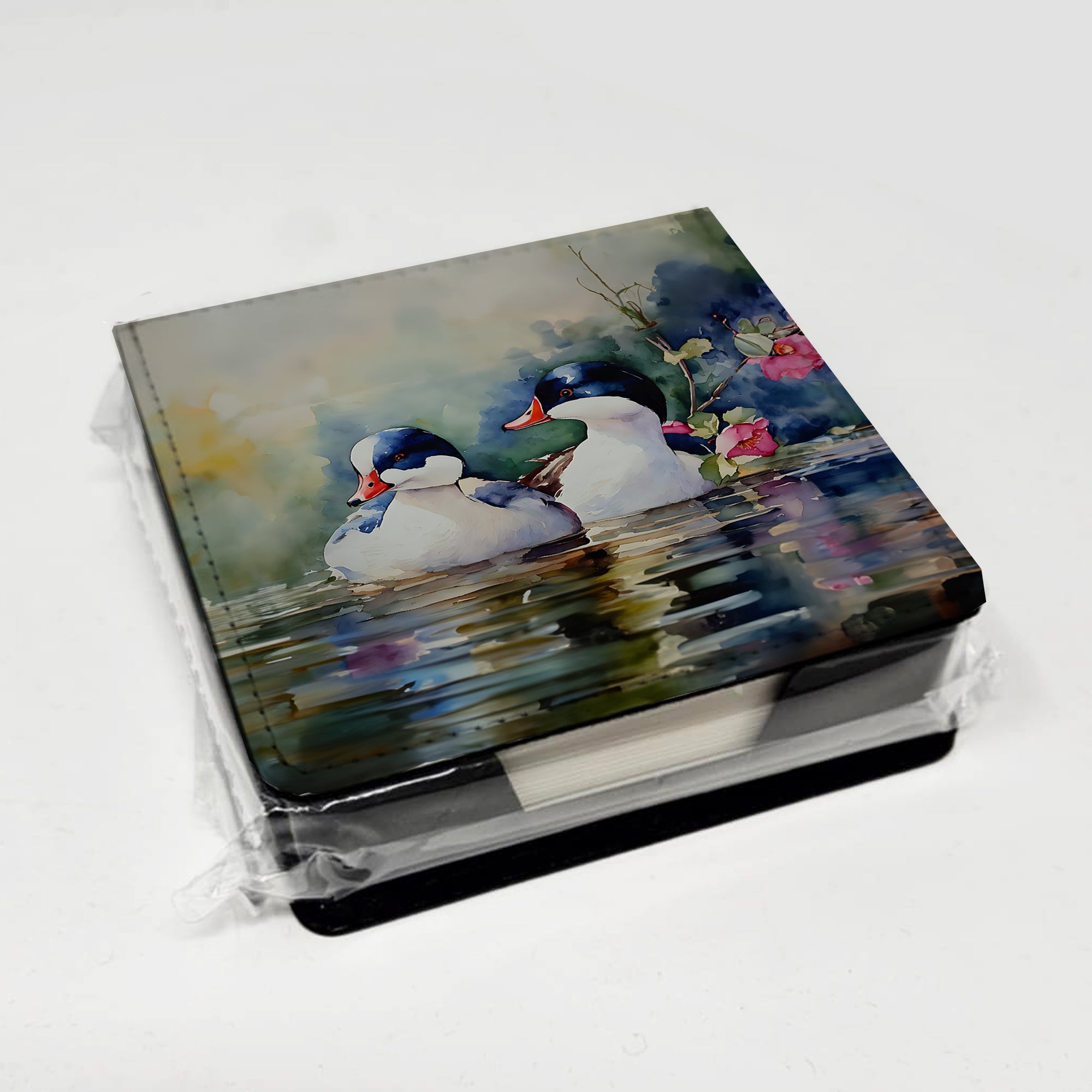 Bufflehead Hooded Merganser Pair Swimming PU Leather Note Paper Holder with Artist-Designed Cover, Desk Accessory, Office Gift