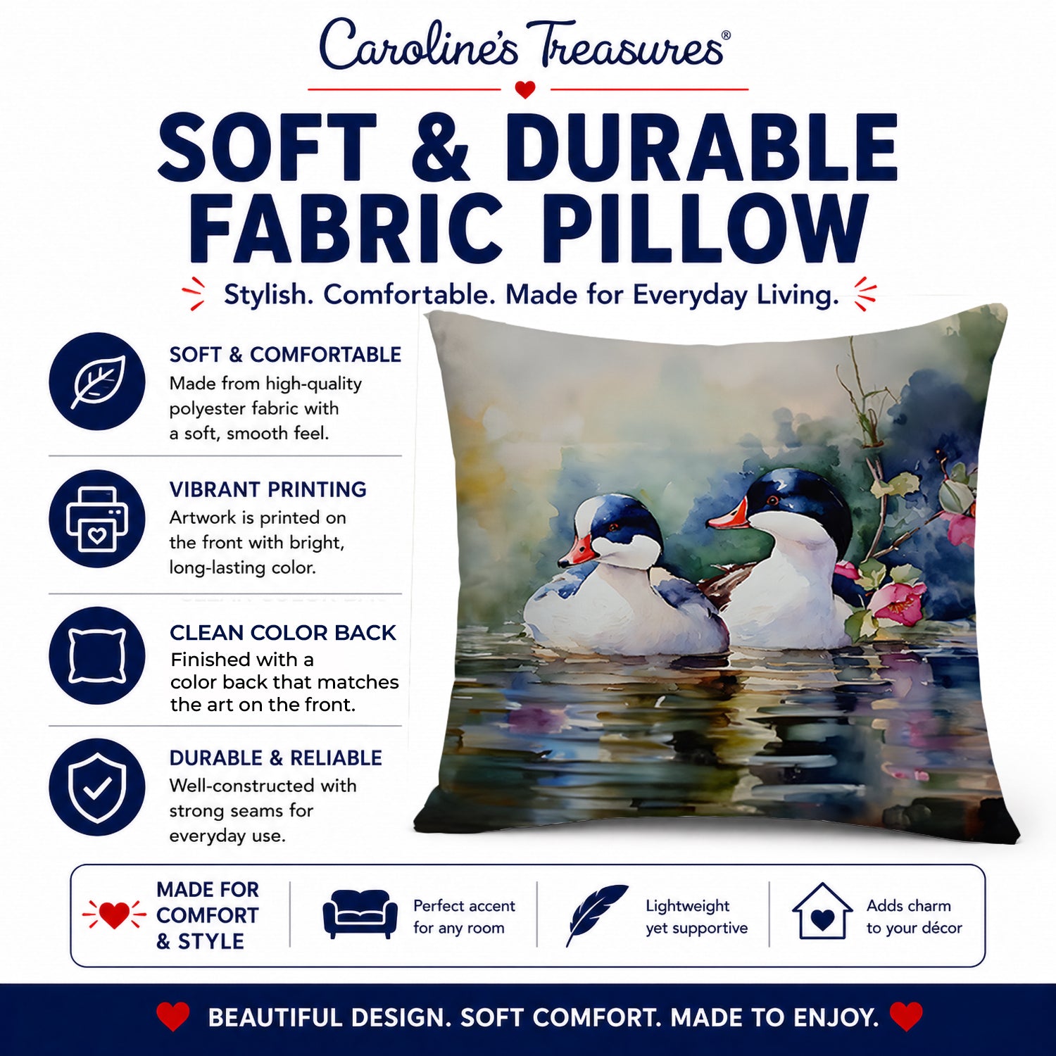 Bufflehead Hooded Merganser Pair Swimming Decorative Throw Pillow 14x14 Indoor Outdoor Accent Cushion, Fabric Cover with Insert for Sofa, Bed, Porch & Living Room