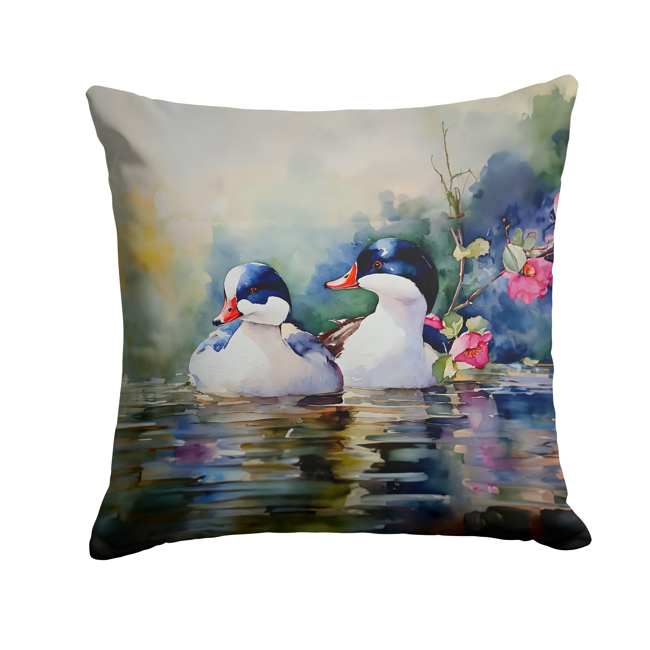 Bufflehead Hooded Merganser Pair Swimming Decorative Throw Pillow 14x14 Indoor Outdoor Accent Cushion, Fabric Cover with Insert for Sofa, Bed, Porch & Living Room