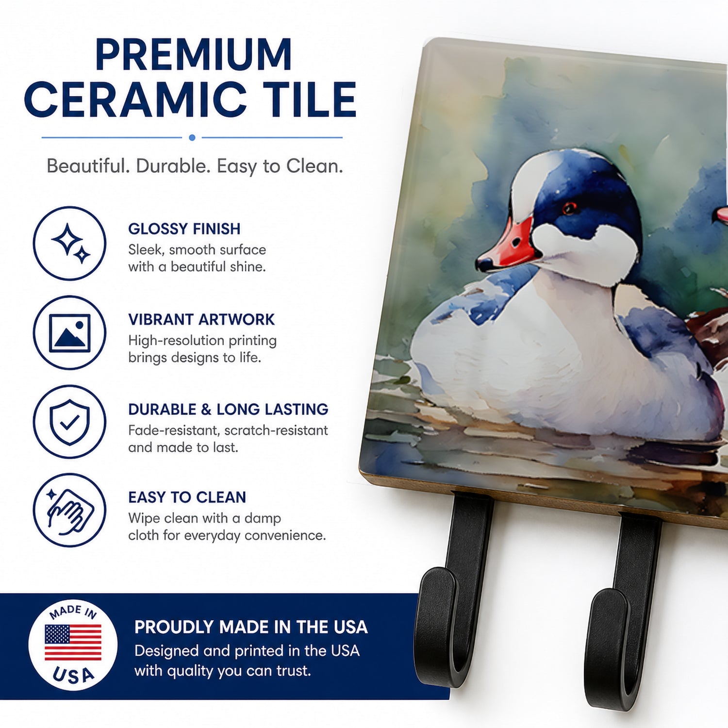Bufflehead Hooded Merganser Pair Swimming Leash or Key Holder Wall Hooks, Coat Rack Wall Mount, for Hanging Keys, Towels, Aprons, Leashes