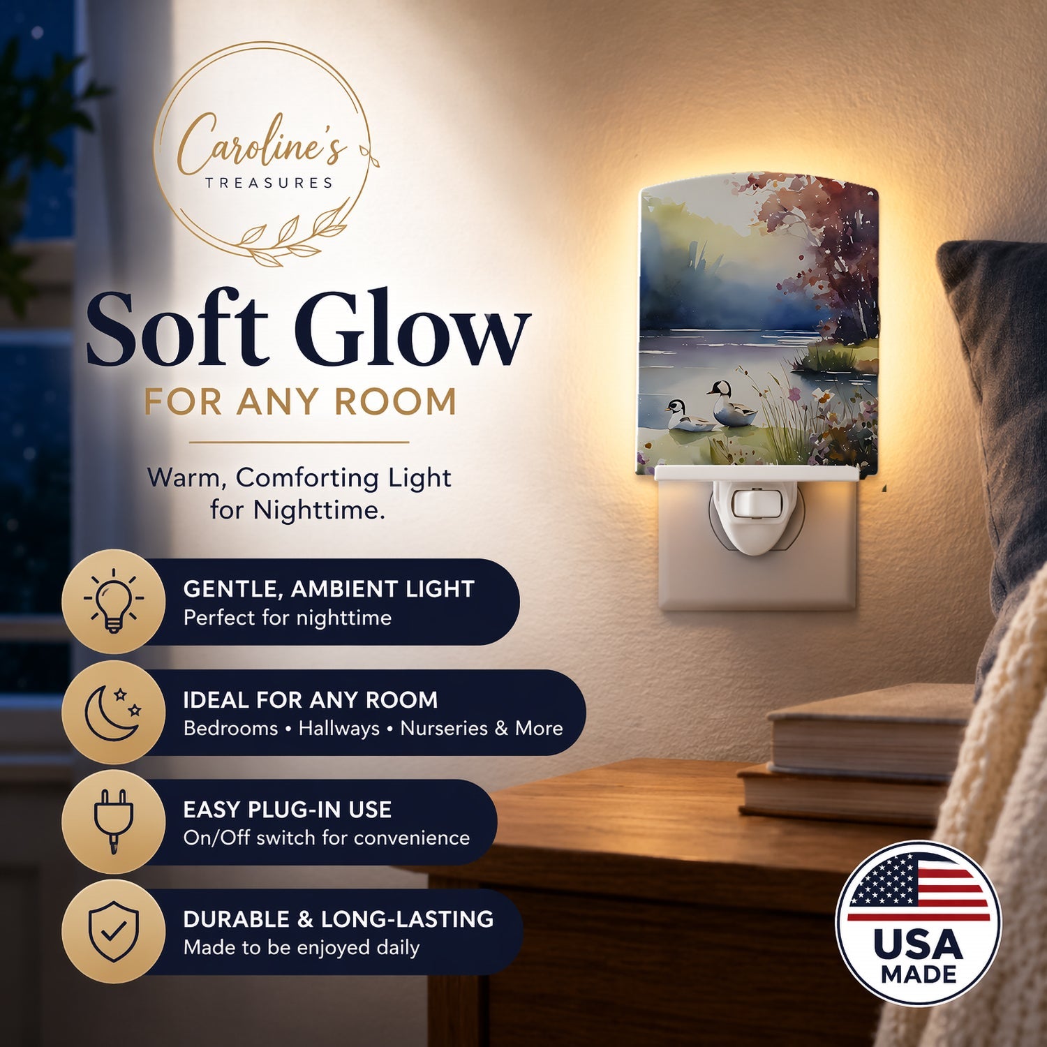 Bufflehead Ducks on Misty Lake Ceramic Night Light Compact, UL-Certified, Ideal for Bedroom, Bathroom, Nursery, Hallway, Kitchen, 6x4x3, Multicolor