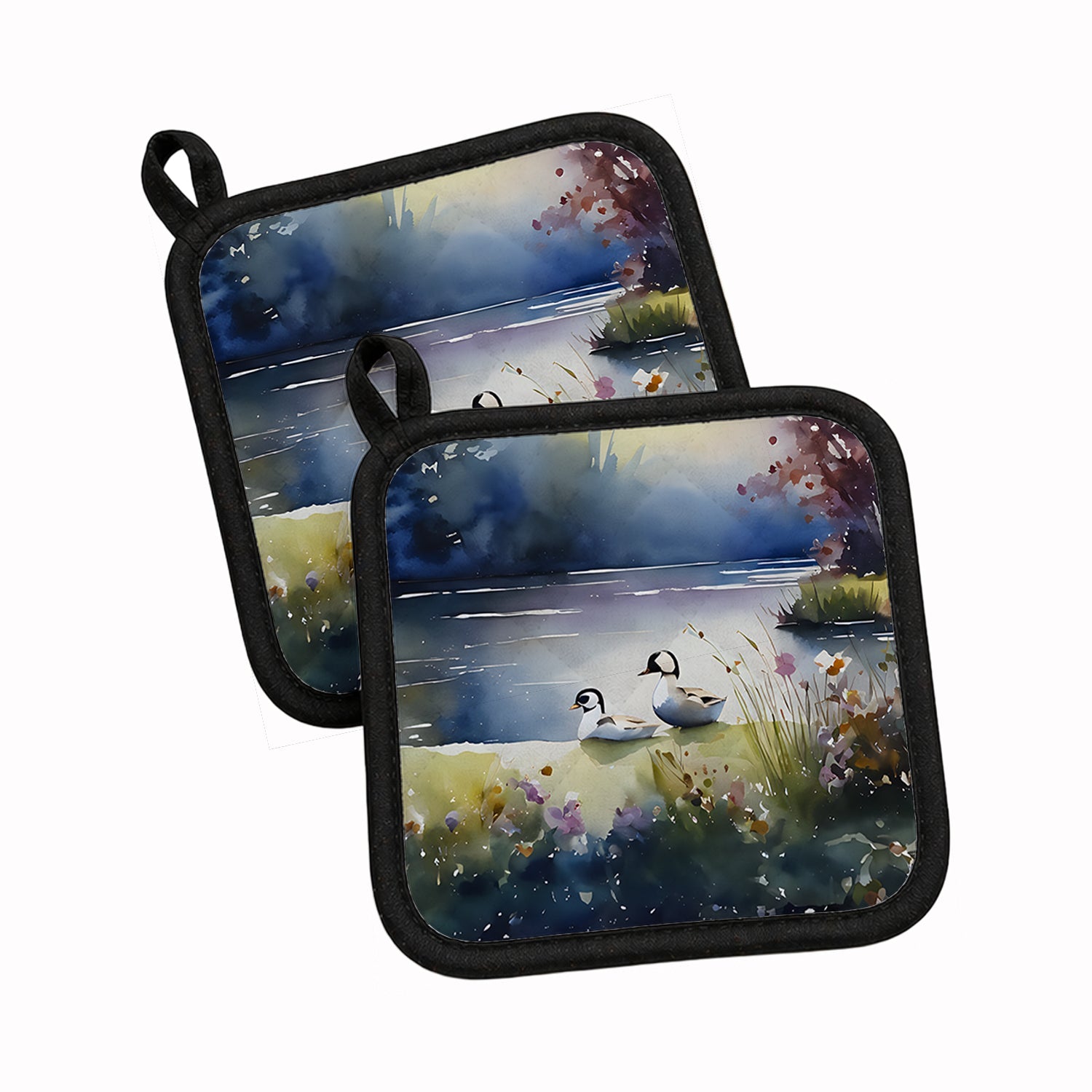 Bufflehead Ducks on Misty Lake Pot Holder Set of 2 Heat Resistant Quilted Hot Pads 7.5 x 7.5 Inch, Insulated Kitchen Trivets for Cooking & Baking
