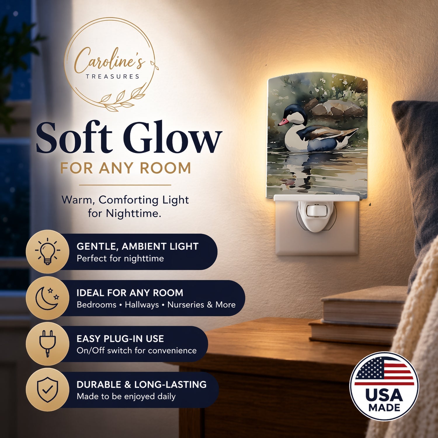Bufflehead Ducks Swimming Marsh Scene Ceramic Night Light Compact, UL-Certified, Ideal for Bedroom, Bathroom, Nursery, Hallway, Kitchen, 6x4x3, Multicolor