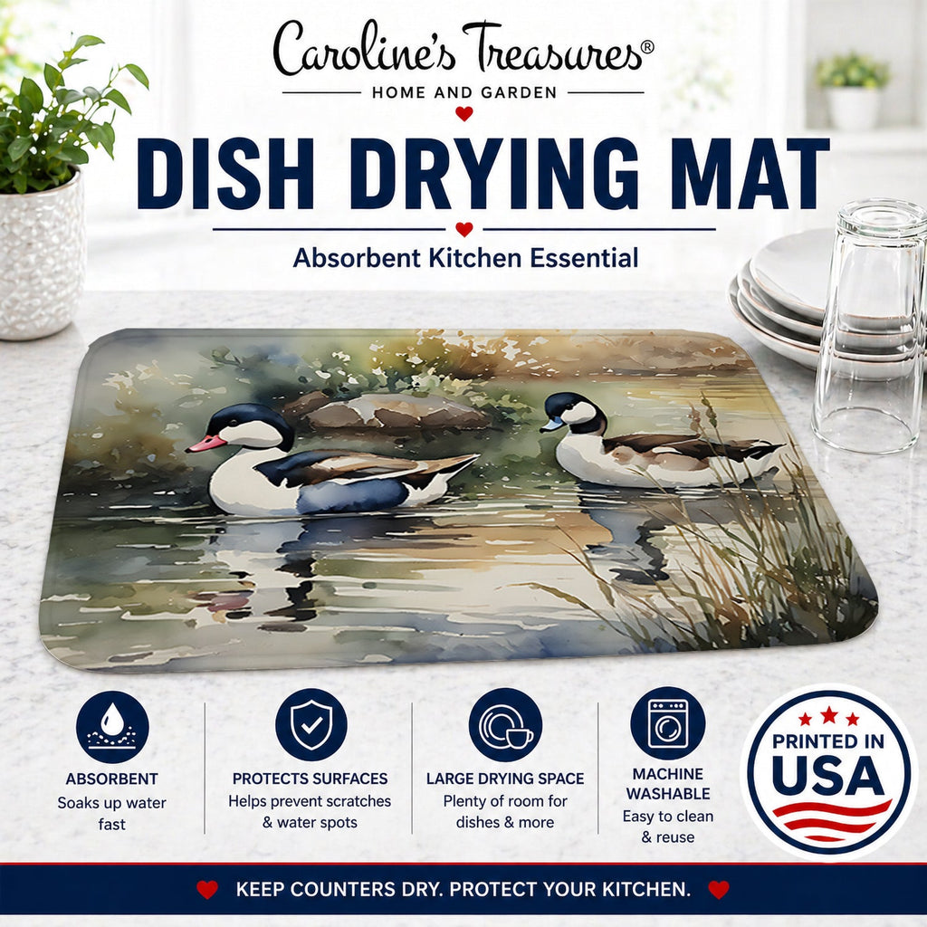 Bufflehead Ducks Swimming Marsh Scene Dish Drying Mat Absorbent Dish Drying Mat Pad for Kitchen Counter Dish Drainer Mat for Countertop, 14 x 21", Multicolor