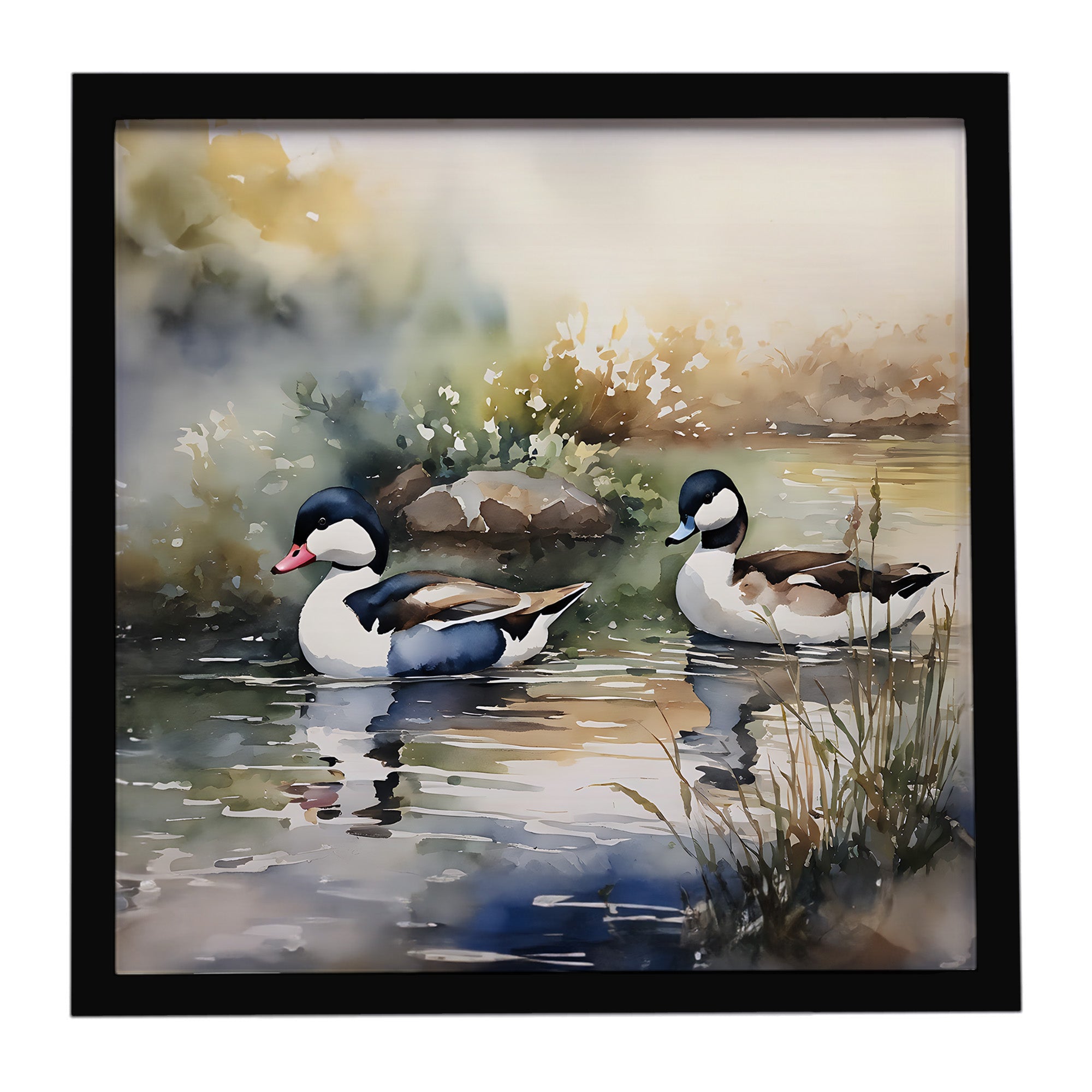 Bufflehead Ducks Swimming Marsh Scene Framed Metal Print Bathroom, Kitchen, Office, Home Decor Wall Art Ready to Hang, Square, 8X8