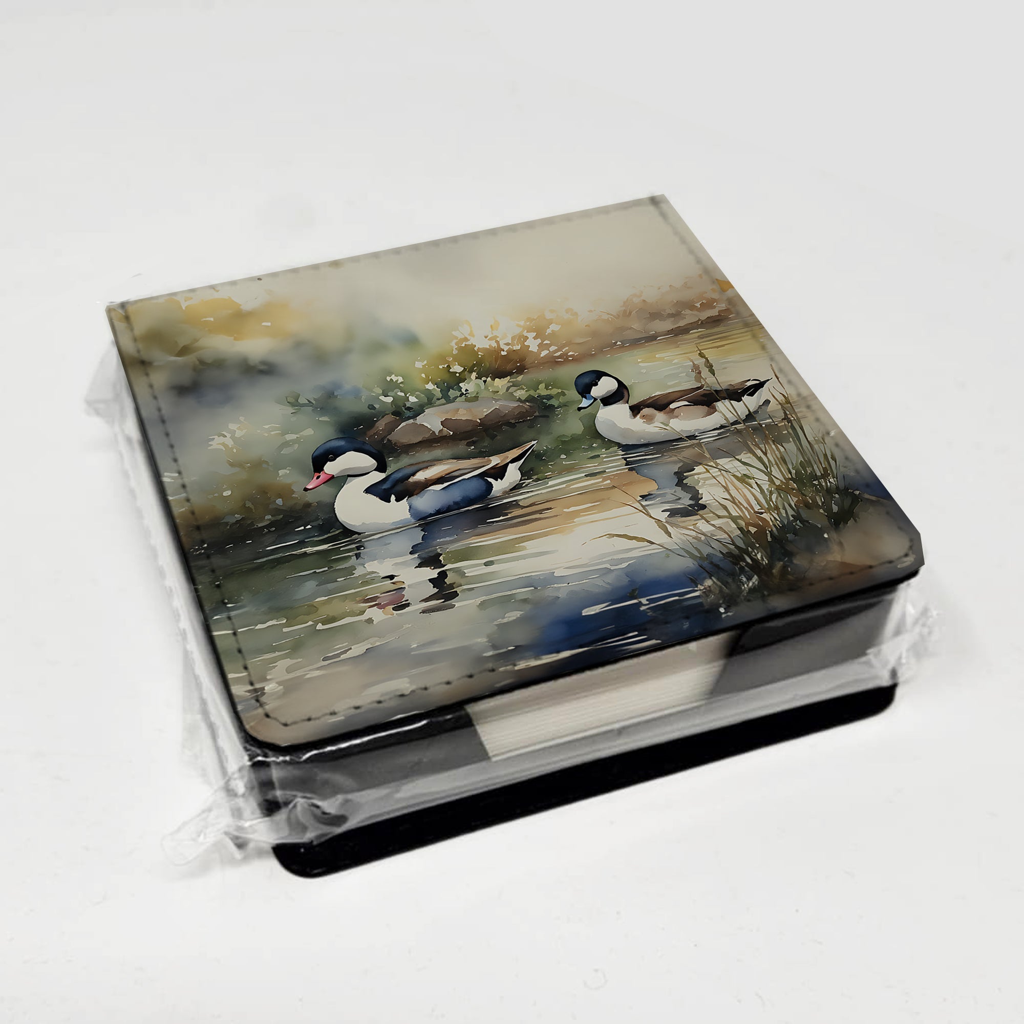 Bufflehead Ducks Swimming Marsh Scene PU Leather Note Paper Holder with Artist-Designed Cover, Desk Accessory, Office Gift