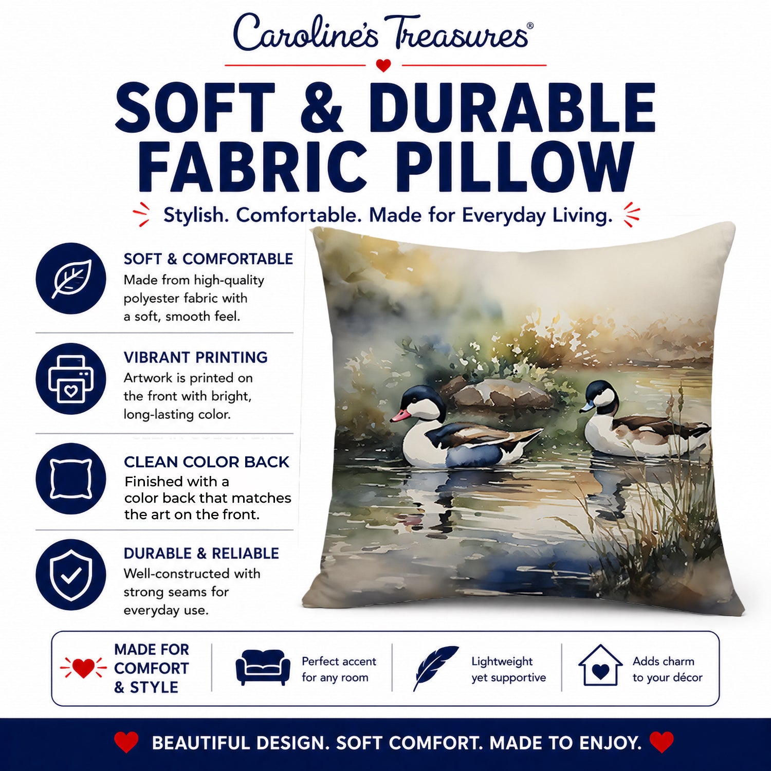 Bufflehead Ducks Swimming Marsh Scene Decorative Throw Pillow 14x14 Indoor Outdoor Accent Cushion, Fabric Cover with Insert for Sofa, Bed, Porch & Living Room