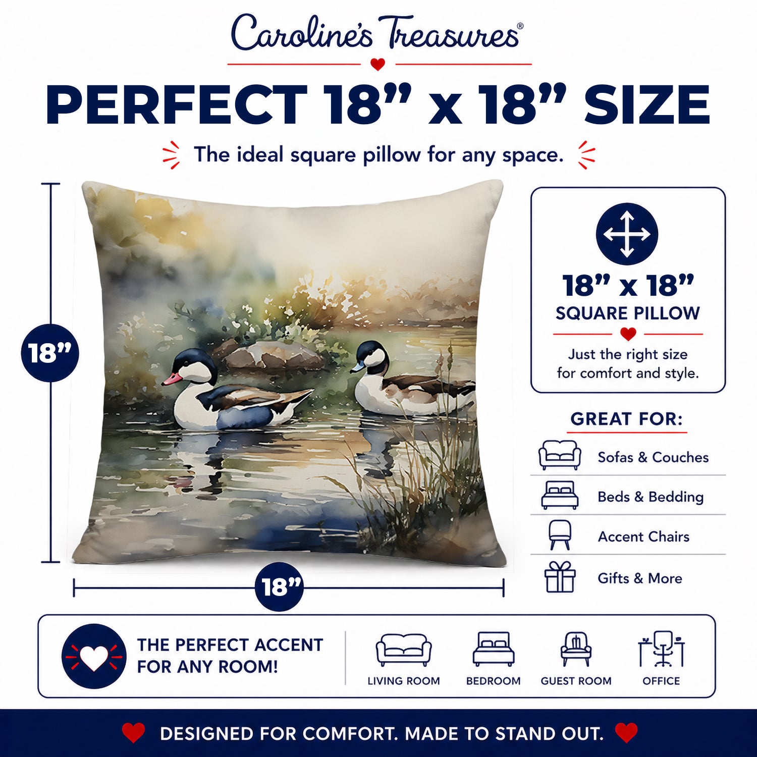 Bufflehead Ducks Swimming Marsh Scene Decorative Throw Pillow 18x18 Indoor Outdoor Accent Cushion, Fabric Cover with Insert for Sofa, Bed, Porch & Living Room