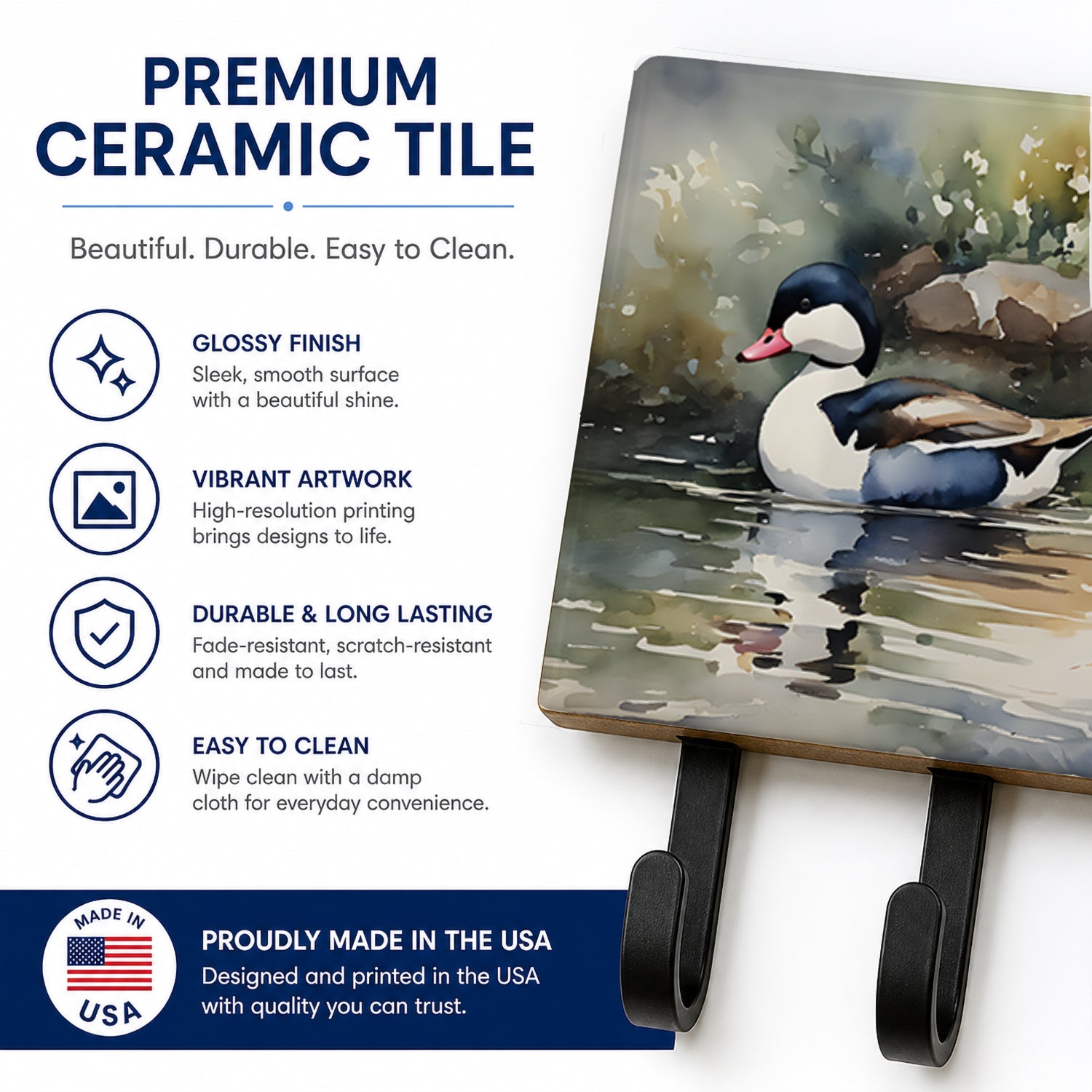Bufflehead Ducks Swimming Marsh Scene Leash or Key Holder Wall Hooks, Coat Rack Wall Mount, for Hanging Keys, Towels, Aprons, Leashes