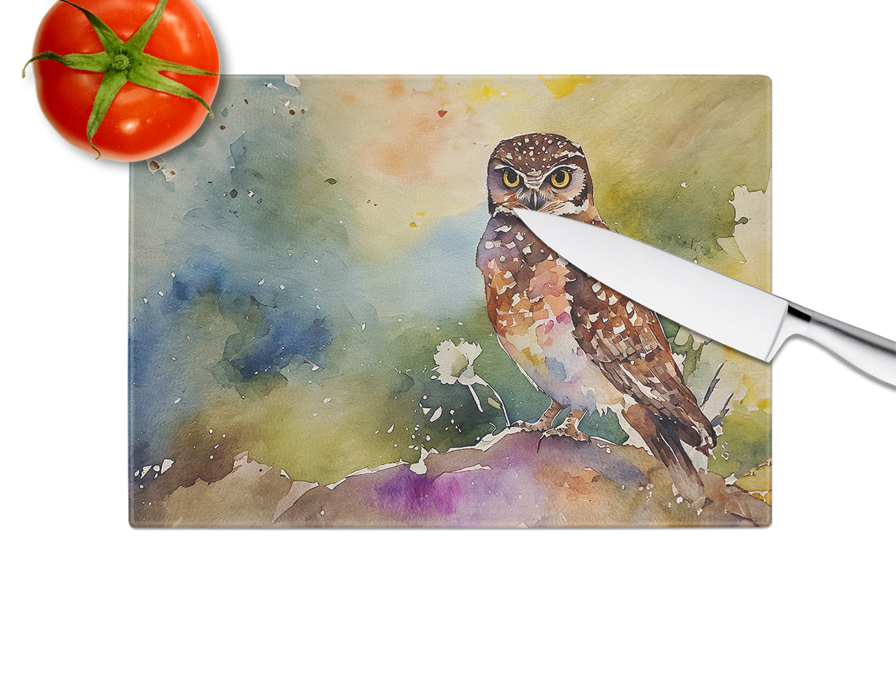 Burrowing Owl Wildlife Portrait Cutting Board Tempered Glass Kitchen Cutting Surface, Heat Resistant Chopping, Non-Slip Feet, Food Prep & Serving