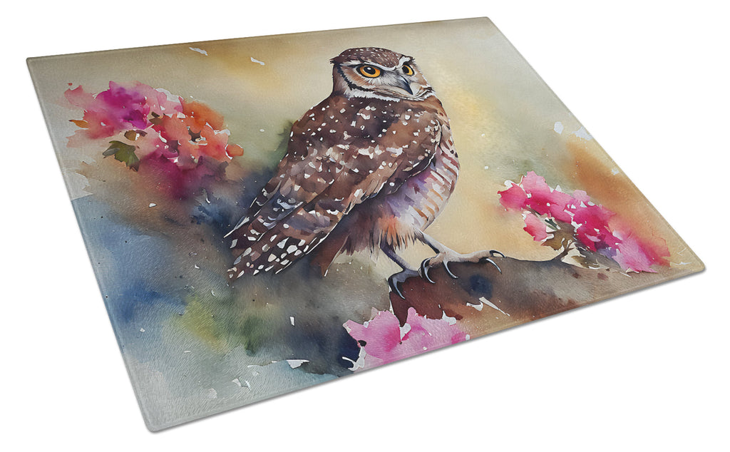 Burrowing Owl with Flowers Cutting Board Tempered Glass Kitchen Cutting Surface, Heat Resistant Chopping, Non-Slip Feet, Food Prep & Serving