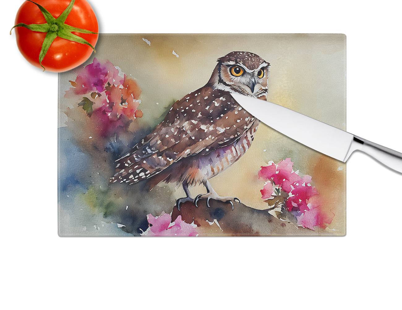 Burrowing Owl with Flowers Cutting Board Tempered Glass Kitchen Cutting Surface, Heat Resistant Chopping, Non-Slip Feet, Food Prep & Serving