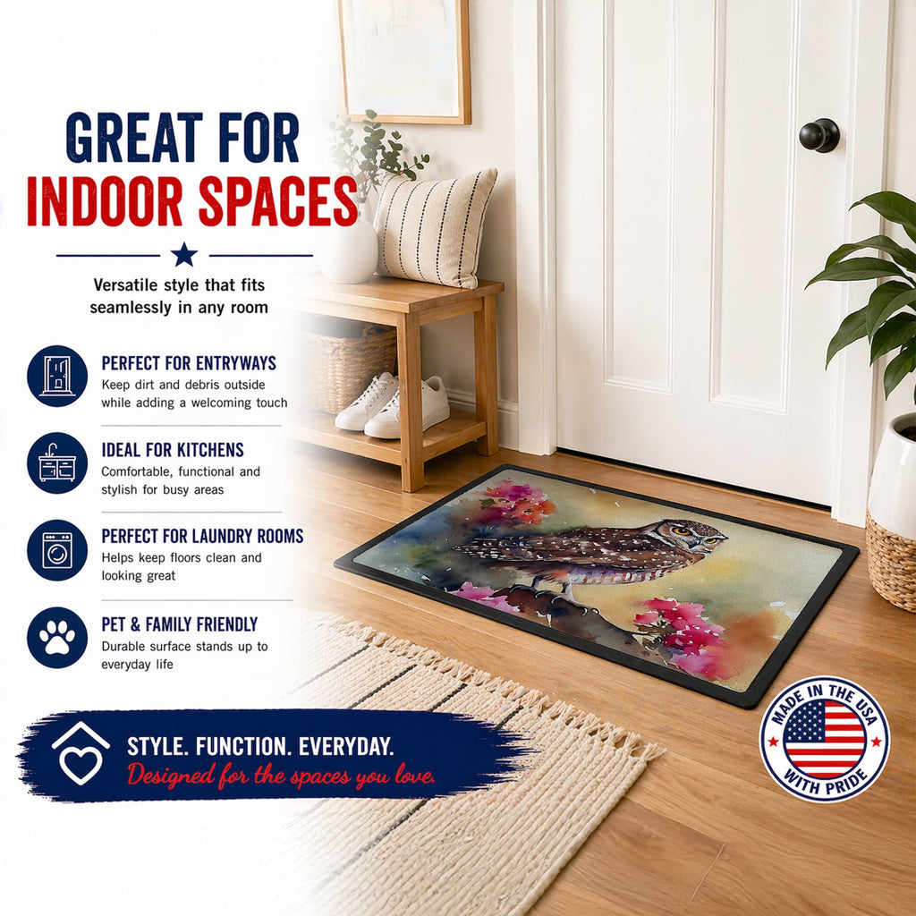 Burrowing Owl with Flowers Doormat Indoor Outdoor 18H X 27W Front Door Mat Rugs for Entryway, Non Slip Washable