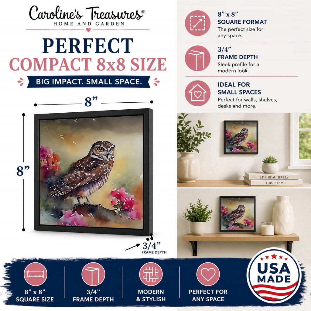 Burrowing Owl with Flowers Framed Metal Print Bathroom, Kitchen, Office, Home Decor Wall Art Ready to Hang, Square, 8X8