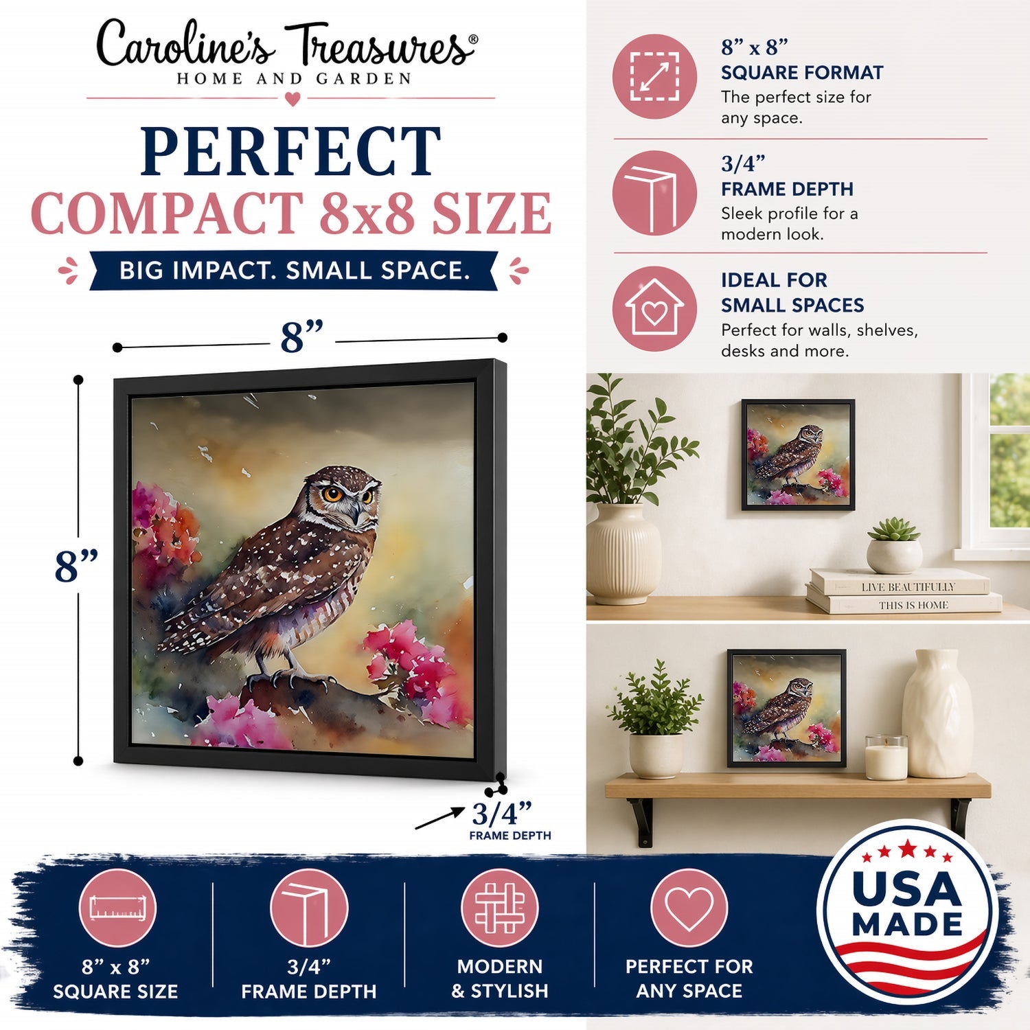 Burrowing Owl with Flowers Framed Metal Print Bathroom, Kitchen, Office, Home Decor Wall Art Ready to Hang, Square, 8X8