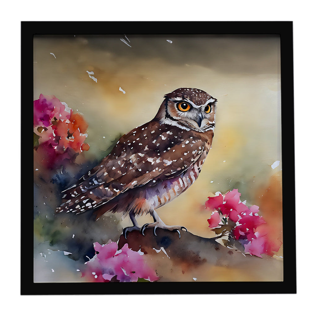 Burrowing Owl with Flowers Framed Metal Print Bathroom, Kitchen, Office, Home Decor Wall Art Ready to Hang, Square, 8X8