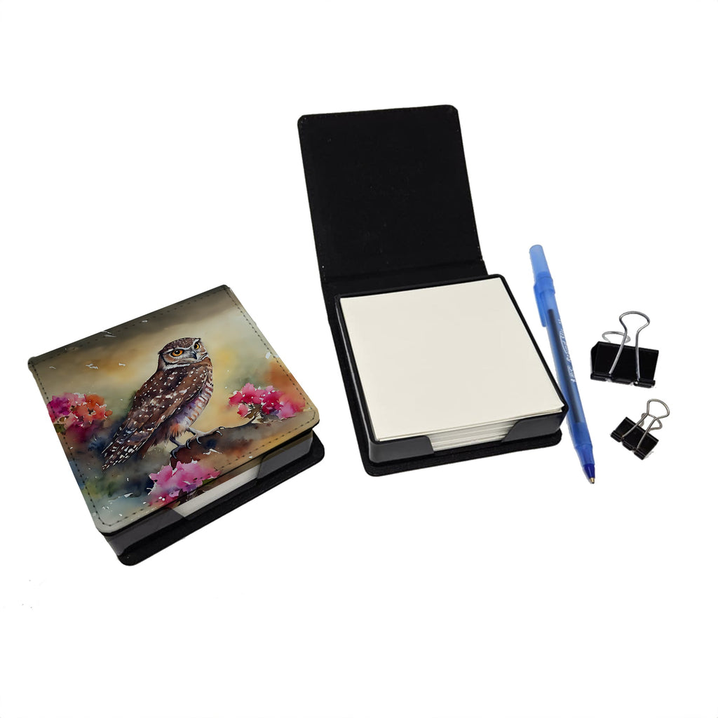 Burrowing Owl with Flowers PU Leather Note Paper Holder with Artist-Designed Cover, Desk Accessory, Office Gift