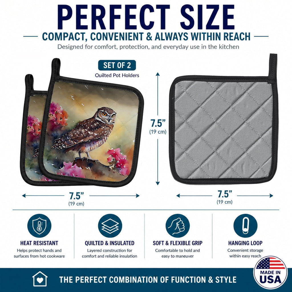 Burrowing Owl with Flowers Pot Holder Set of 2 Heat Resistant Quilted Hot Pads 7.5 x 7.5 Inch, Insulated Kitchen Trivets for Cooking & Baking