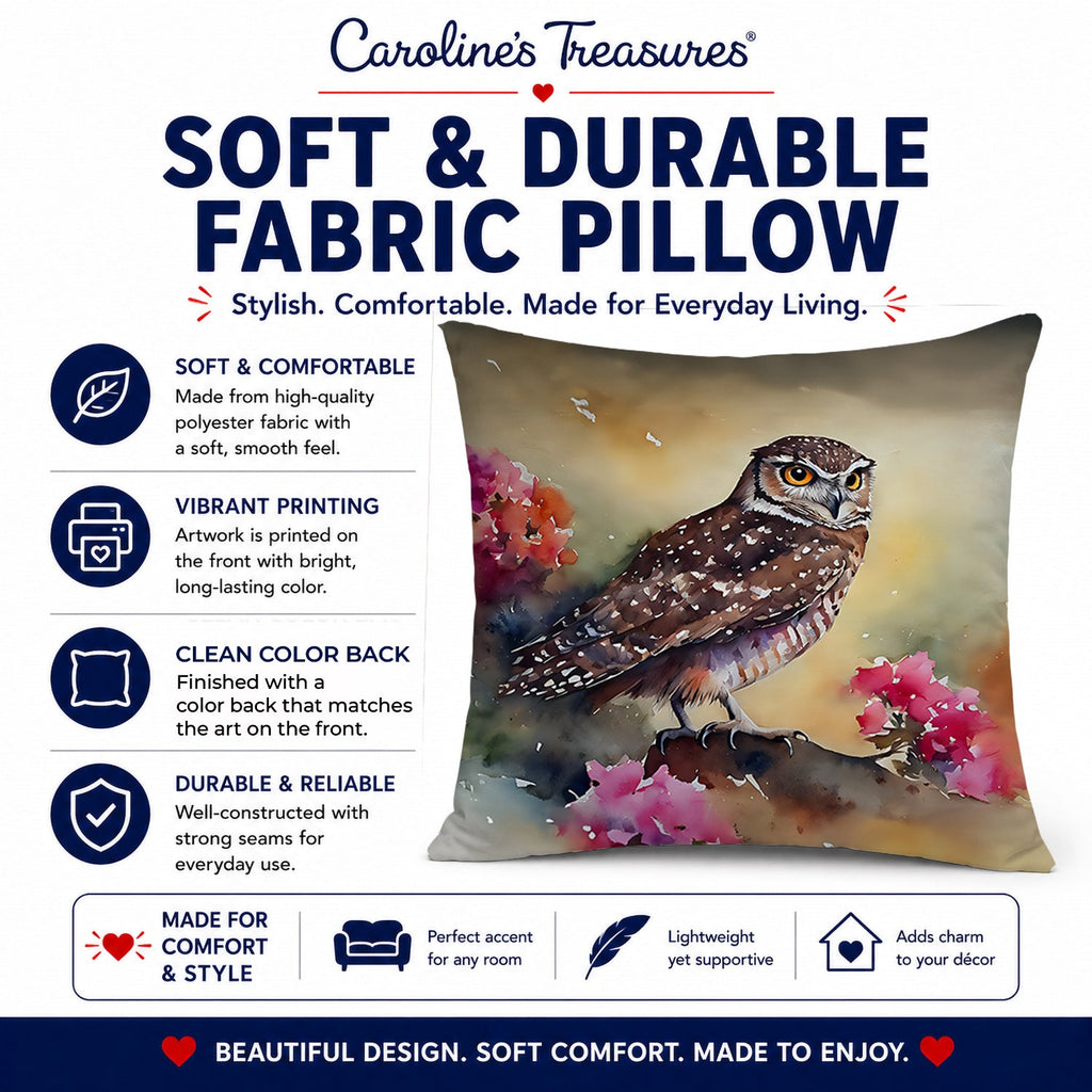 Burrowing Owl with Flowers Decorative Throw Pillow 14x14 Indoor Outdoor Accent Cushion, Fabric Cover with Insert for Sofa, Bed, Porch & Living Room