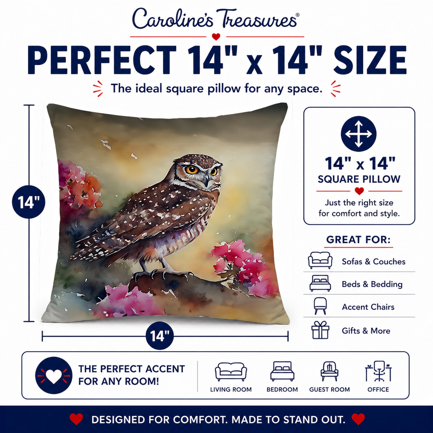 Burrowing Owl with Flowers Decorative Throw Pillow 14x14 Indoor Outdoor Accent Cushion, Fabric Cover with Insert for Sofa, Bed, Porch & Living Room