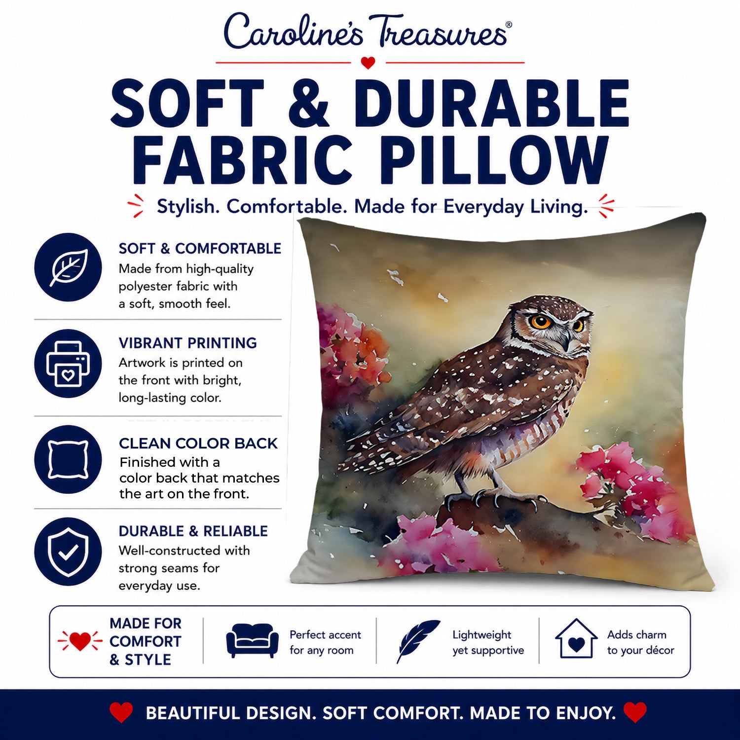 Burrowing Owl with Flowers Decorative Throw Pillow 18x18 Indoor Outdoor Accent Cushion, Fabric Cover with Insert for Sofa, Bed, Porch & Living Room