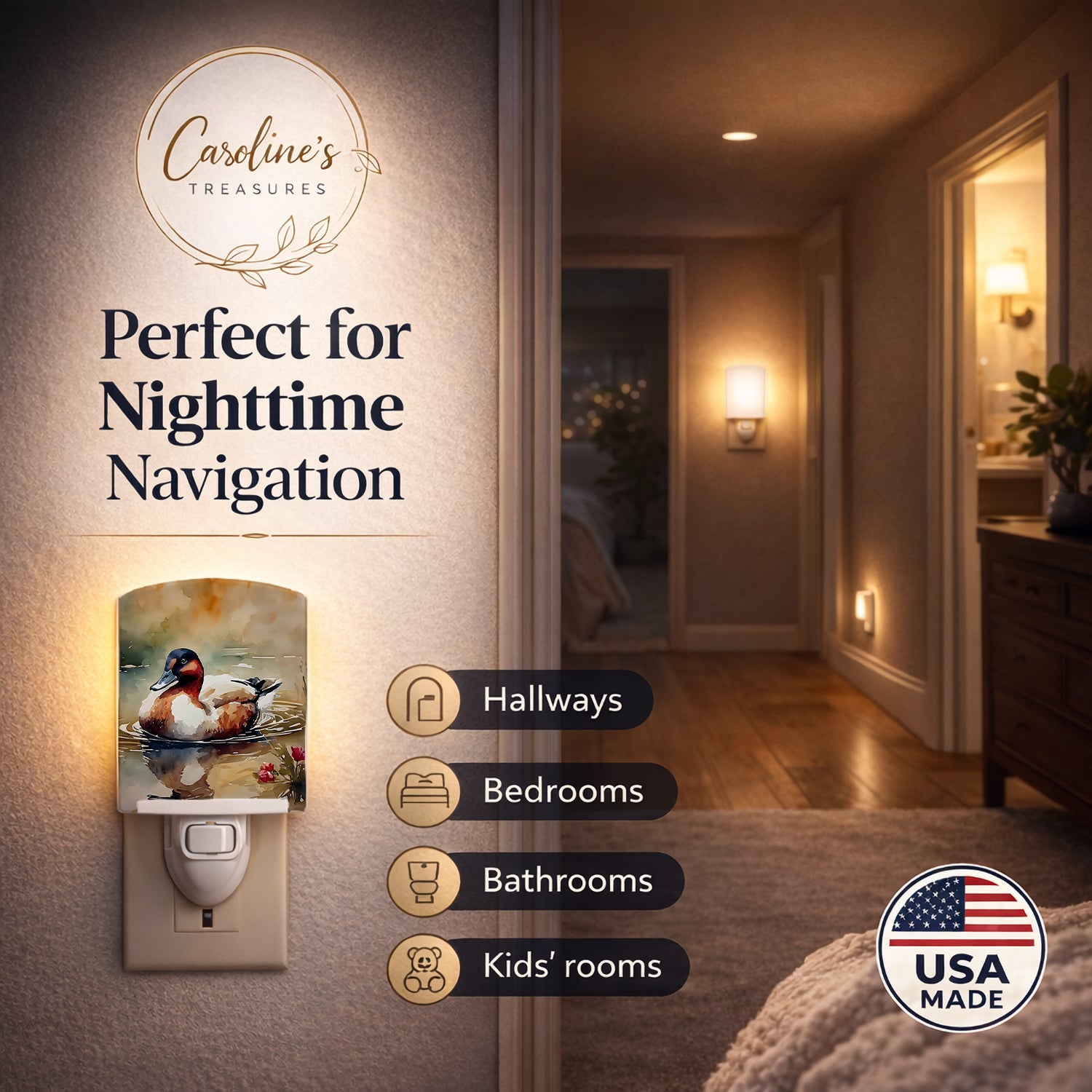 Canvasback Duck Swimming Pond Wildlife Ceramic Night Light Compact, UL-Certified, Ideal for Bedroom, Bathroom, Nursery, Hallway, Kitchen, 6x4x3, Multicolor