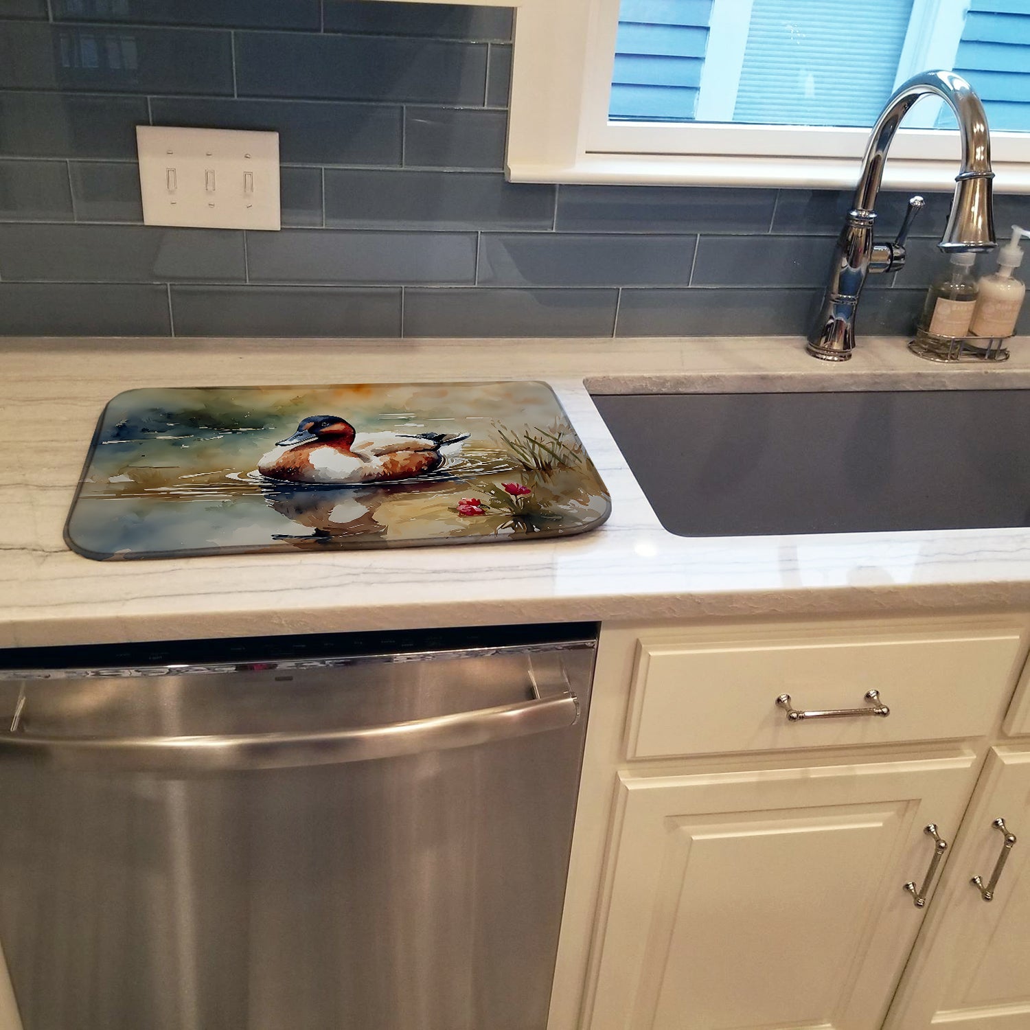Canvasback Duck Swimming Pond Wildlife Dish Drying Mat Absorbent Dish Drying Mat Pad for Kitchen Counter Dish Drainer Mat for Countertop, 14 x 21", Multicolor