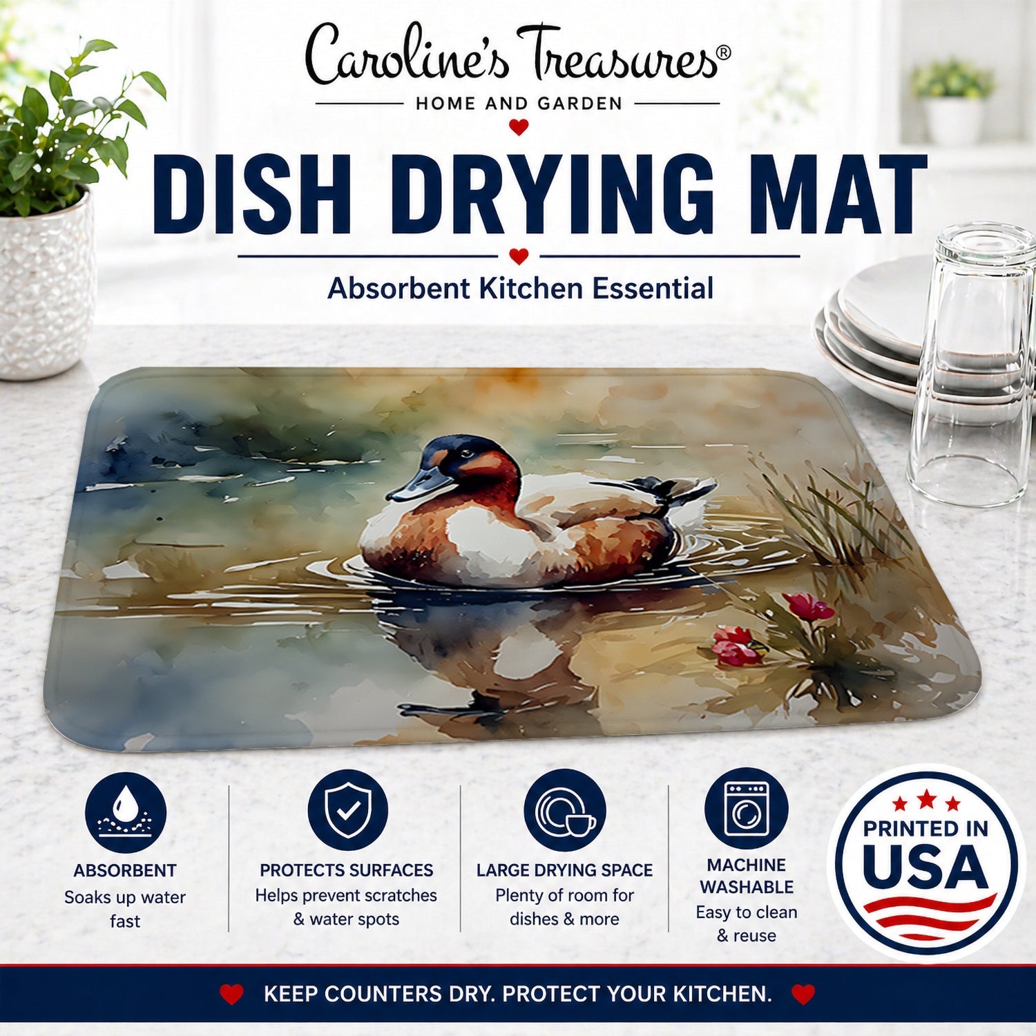 Canvasback Duck Swimming Pond Wildlife Dish Drying Mat Absorbent Dish Drying Mat Pad for Kitchen Counter Dish Drainer Mat for Countertop, 14 x 21", Multicolor