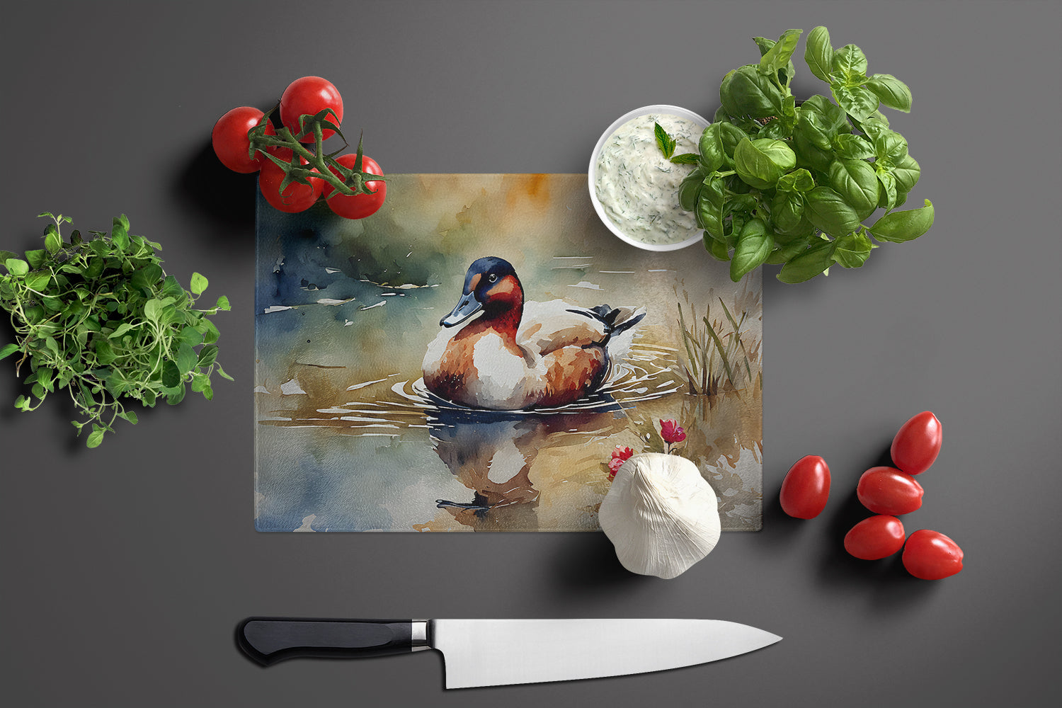 Canvasback Duck Swimming Pond Wildlife Cutting Board Tempered Glass Kitchen Cutting Surface, Heat Resistant Chopping, Non-Slip Feet, Food Prep & Serving