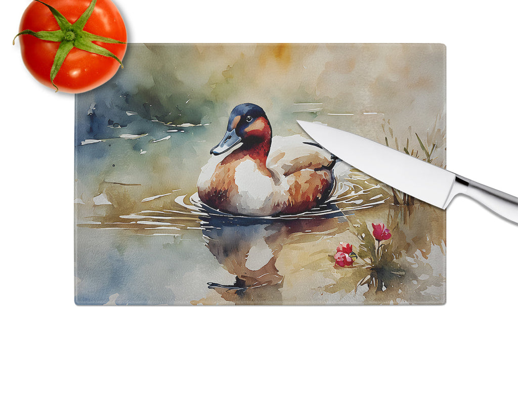Canvasback Duck Swimming Pond Wildlife Cutting Board Tempered Glass Kitchen Cutting Surface, Heat Resistant Chopping, Non-Slip Feet, Food Prep & Serving