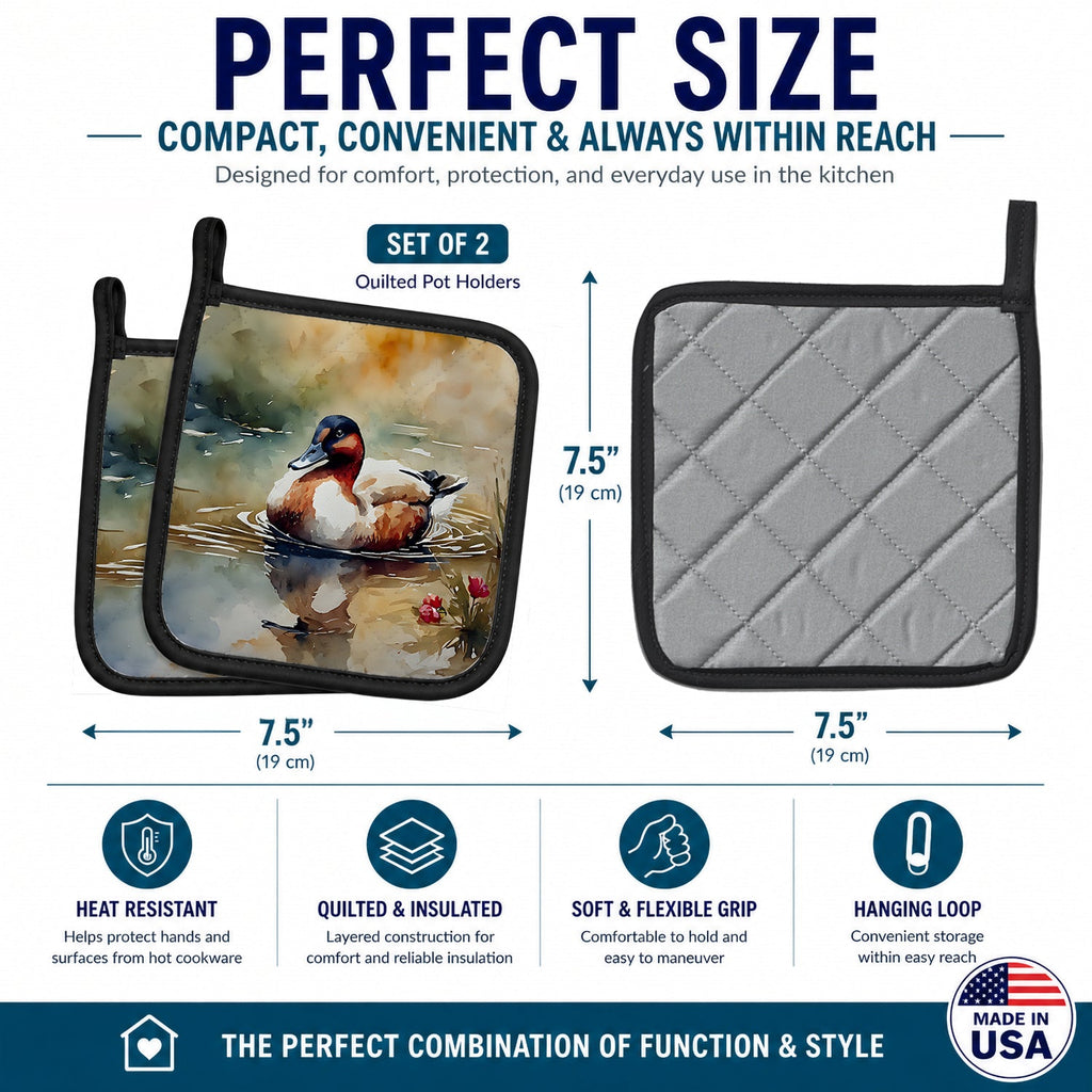 Canvasback Duck Swimming Pond Wildlife Pot Holder Set of 2 Heat Resistant Quilted Hot Pads 7.5 x 7.5 Inch, Insulated Kitchen Trivets for Cooking & Baking