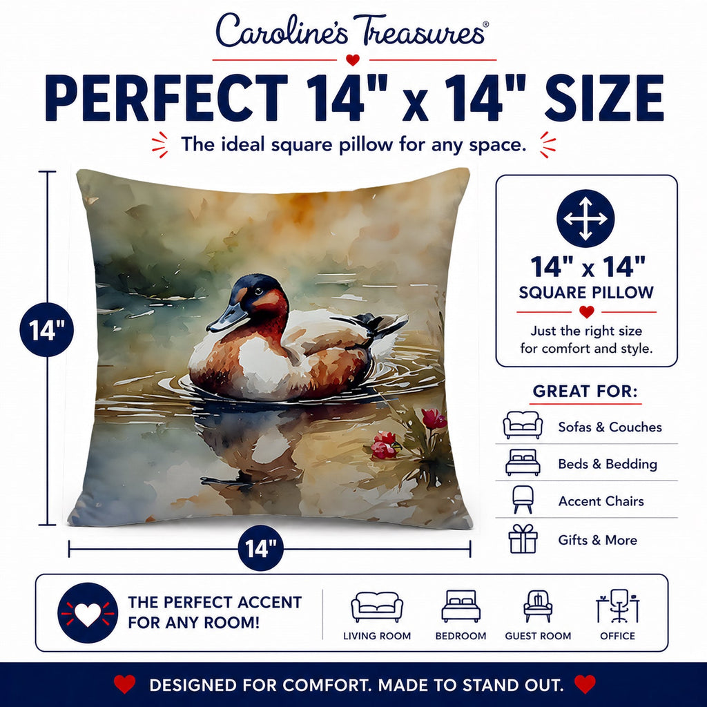 Canvasback Duck Swimming Pond Wildlife Decorative Throw Pillow 14x14 Indoor Outdoor Accent Cushion, Fabric Cover with Insert for Sofa, Bed, Porch & Living Room