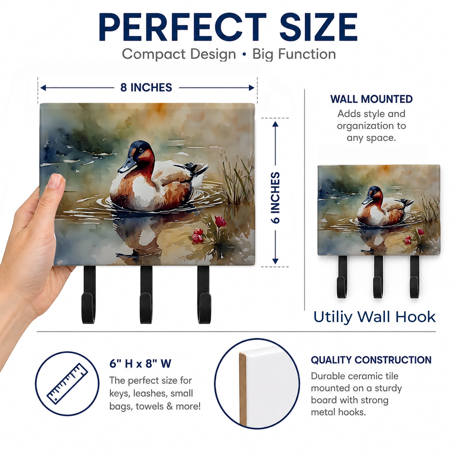 Canvasback Duck Swimming Pond Wildlife Leash or Key Holder Wall Hooks, Coat Rack Wall Mount, for Hanging Keys, Towels, Aprons, Leashes