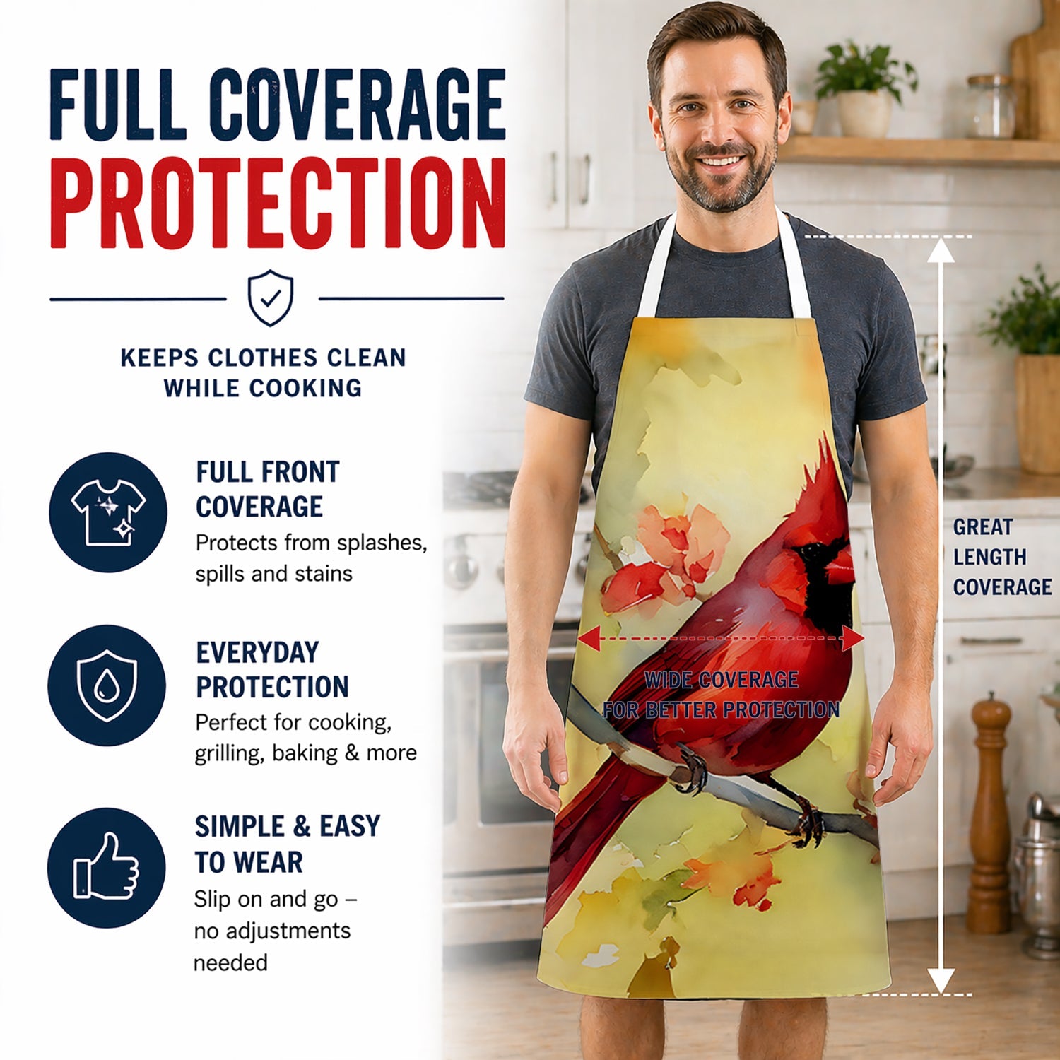 Northern Cardinal on Branch Apron Cooking Kitchen Server Baking Crafts Gardening for Adult Women Men, Unisex, Large, Multicolor