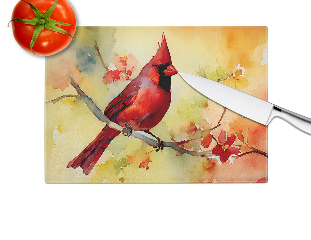 Northern Cardinal on Branch Cutting Board Tempered Glass Kitchen Cutting Surface, Heat Resistant Chopping, Non-Slip Feet, Food Prep & Serving