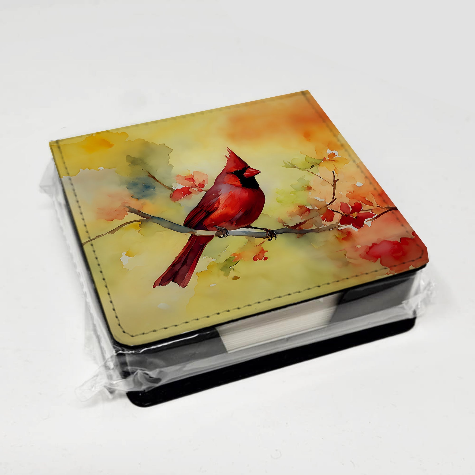 Northern Cardinal on Branch PU Leather Note Paper Holder with Artist-Designed Cover, Desk Accessory, Office Gift