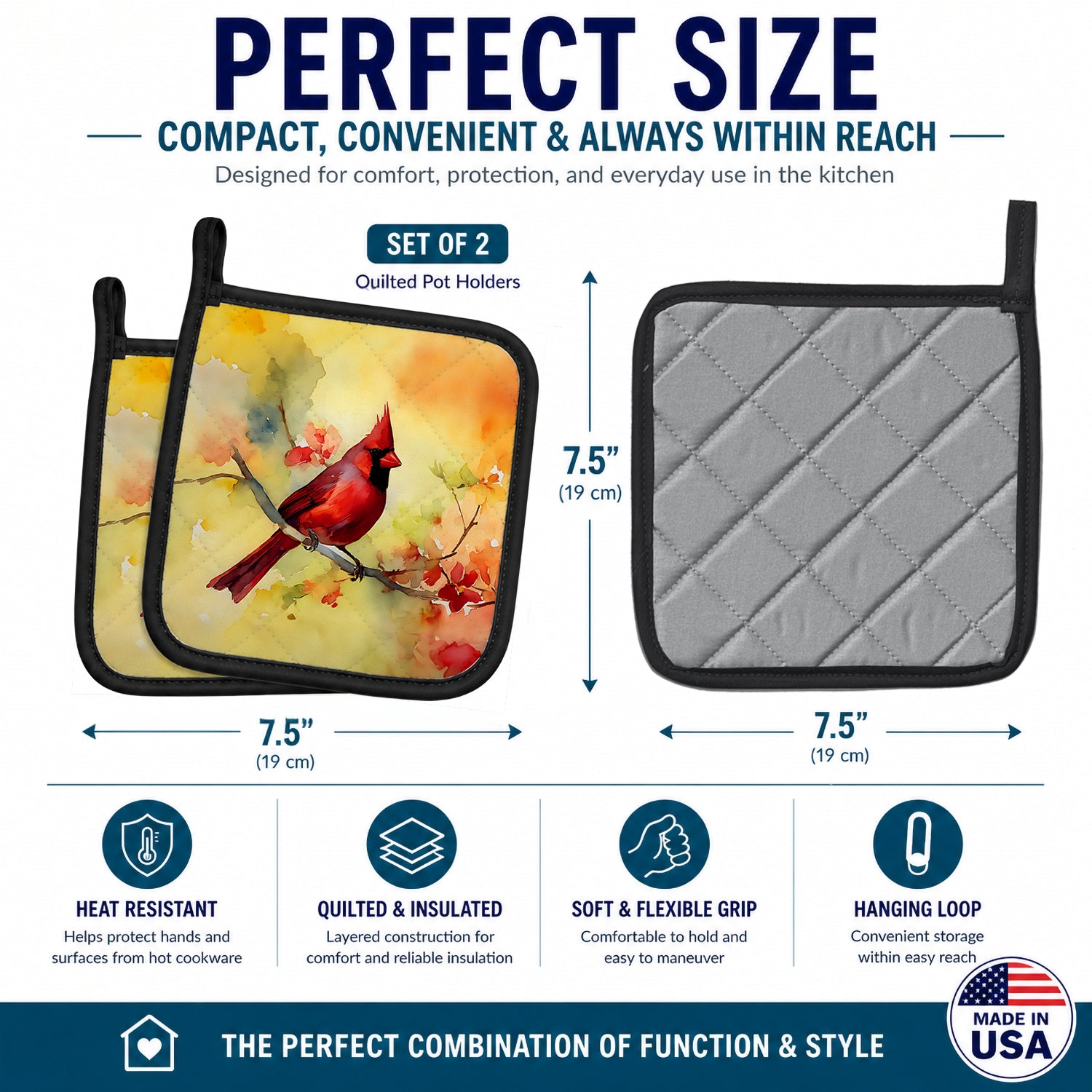 Northern Cardinal on Branch Pot Holder Set of 2 Heat Resistant Quilted Hot Pads 7.5 x 7.5 Inch, Insulated Kitchen Trivets for Cooking & Baking