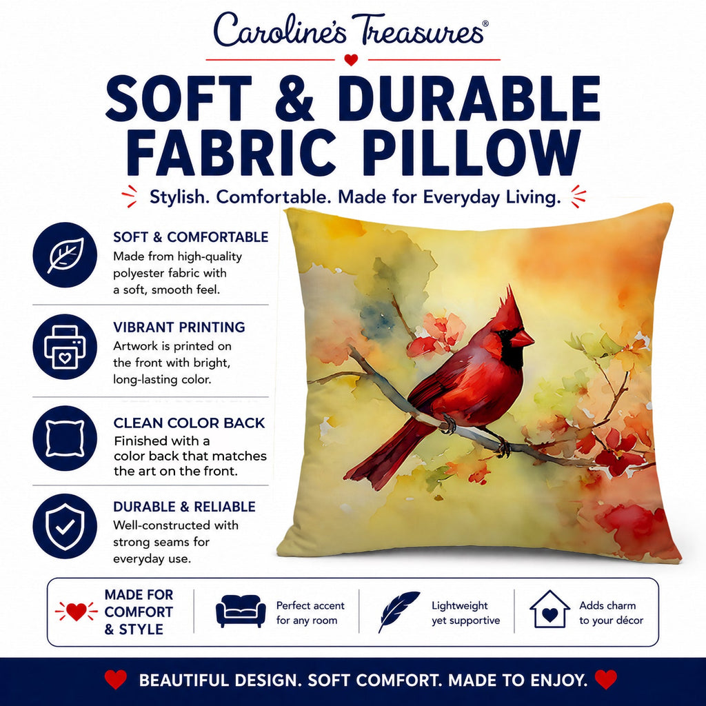 Northern Cardinal on Branch Decorative Throw Pillow 18x18 Indoor Outdoor Accent Cushion, Fabric Cover with Insert for Sofa, Bed, Porch & Living Room