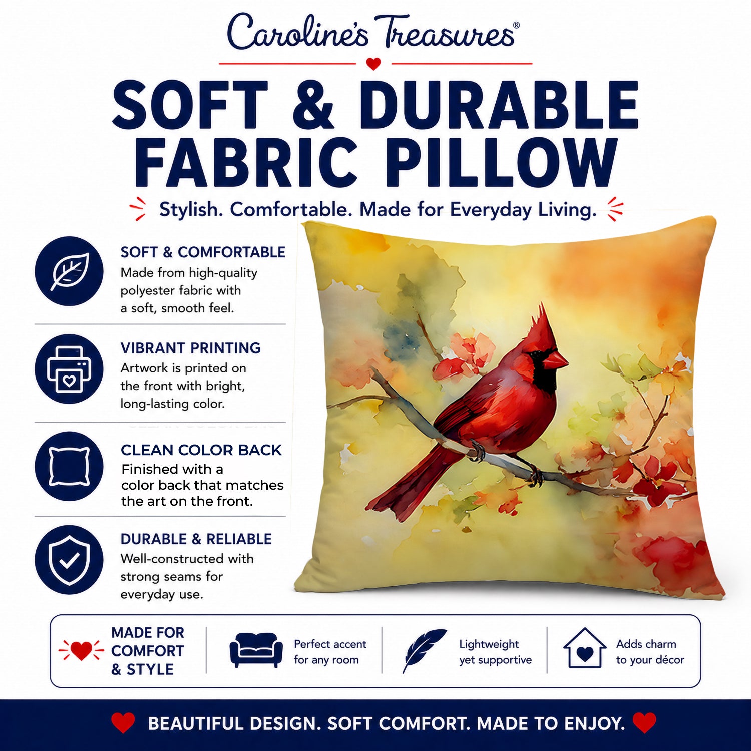 Northern Cardinal on Branch Decorative Throw Pillow 18x18 Indoor Outdoor Accent Cushion, Fabric Cover with Insert for Sofa, Bed, Porch & Living Room