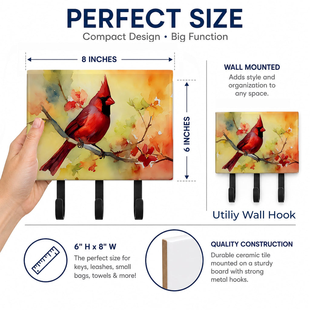 Northern Cardinal on Branch Leash or Key Holder Wall Hooks, Coat Rack Wall Mount, for Hanging Keys, Towels, Aprons, Leashes