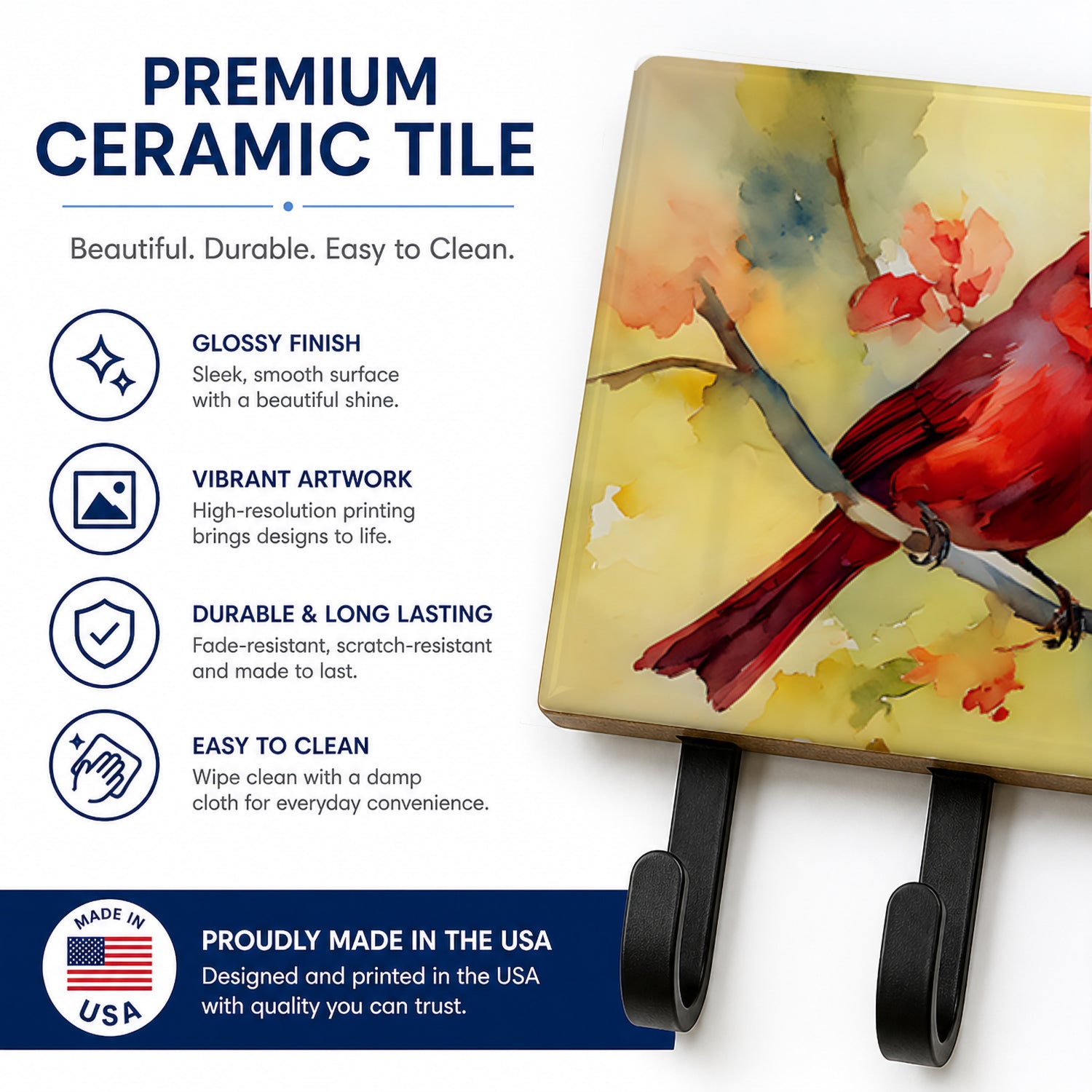Northern Cardinal on Branch Leash or Key Holder Wall Hooks, Coat Rack Wall Mount, for Hanging Keys, Towels, Aprons, Leashes