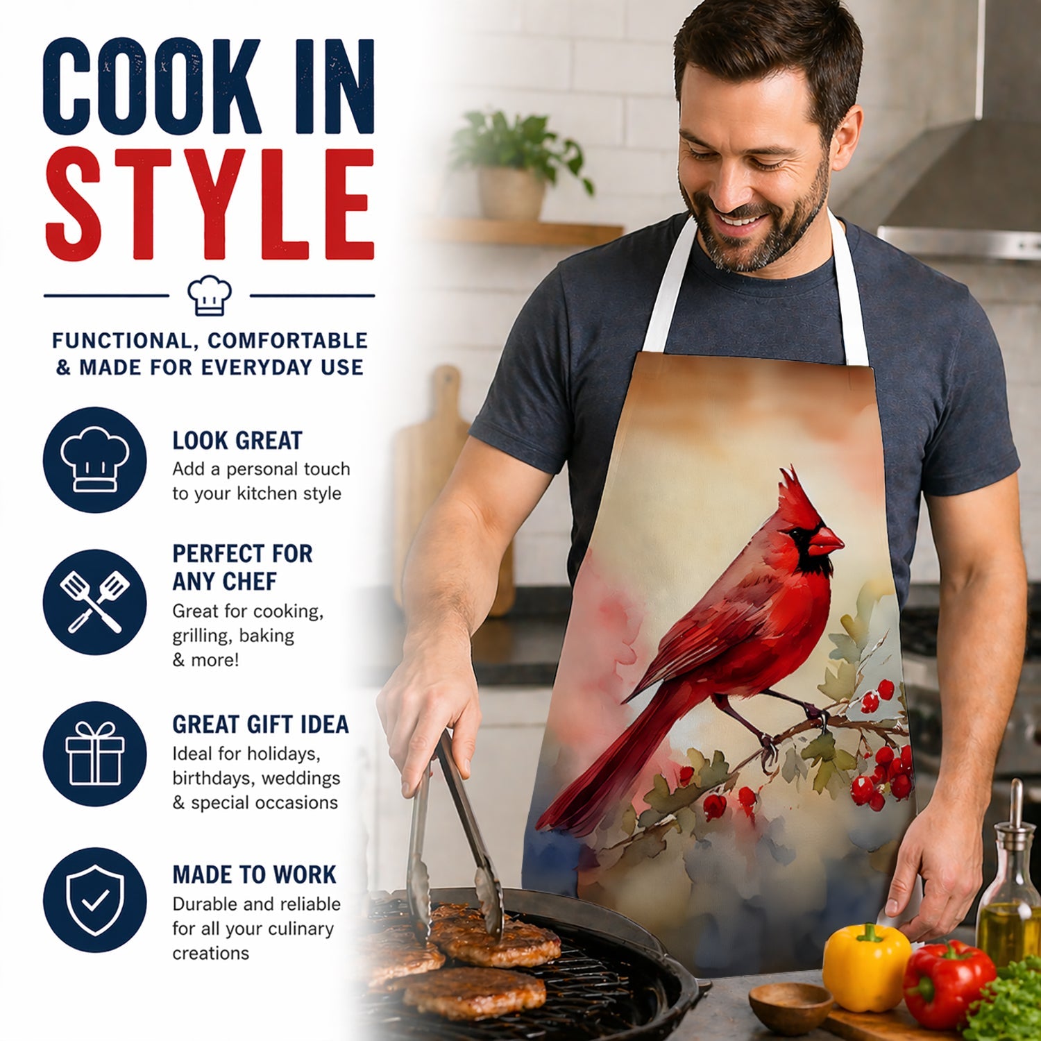 Northern Cardinal with Berries Apron Cooking Kitchen Server Baking Crafts Gardening for Adult Women Men, Unisex, Large, Multicolor