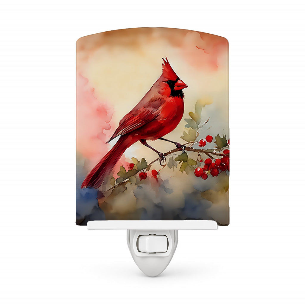 Northern Cardinal with Berries Ceramic Night Light Compact, UL-Certified, Ideal for Bedroom, Bathroom, Nursery, Hallway, Kitchen, 6x4x3, Multicolor