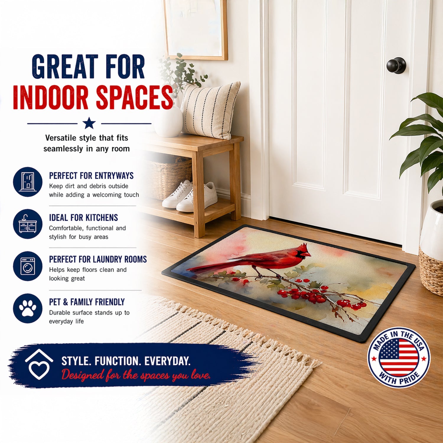 Northern Cardinal with Berries Doormat Indoor Outdoor 24H X 36W Front Door Mat Rugs for Entryway, Non Slip Washable Low Pile,